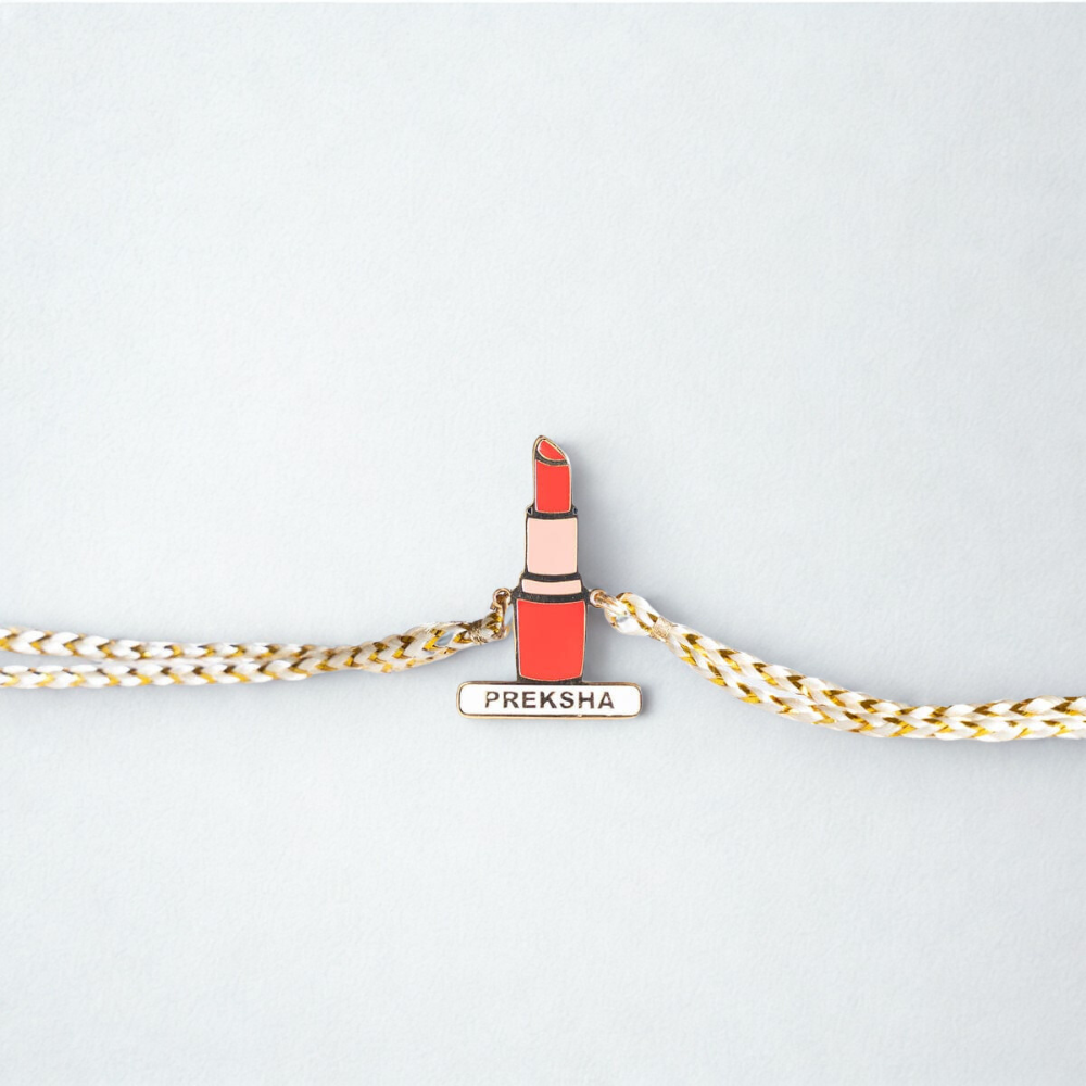 Personalized Lipstick Theme Name Rakhi for Bhabhi with 18K Gold Plating