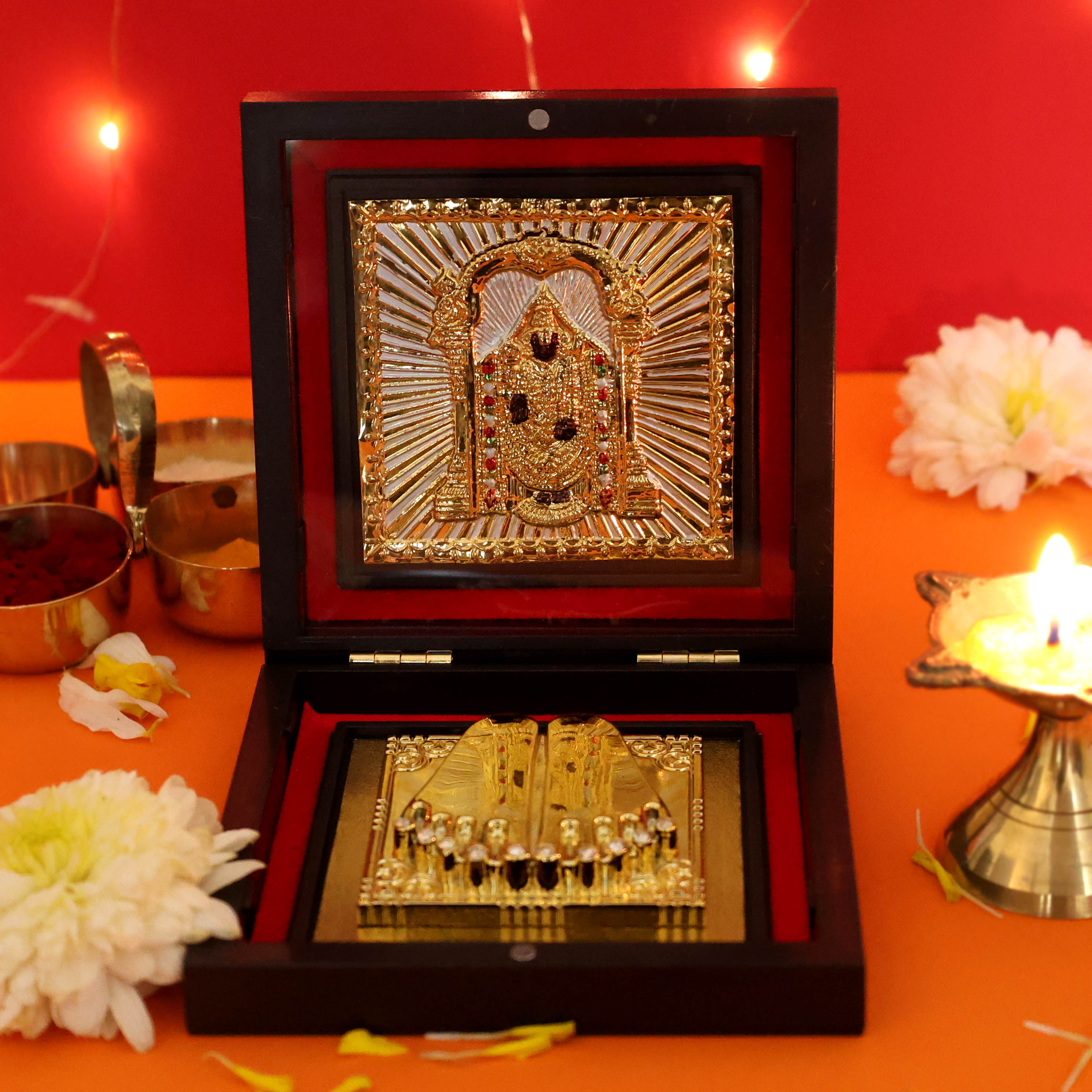 Moskai Balaji Charan Paduka Box with Golden Tirupati Balaji Idol Frame for Temple Decor