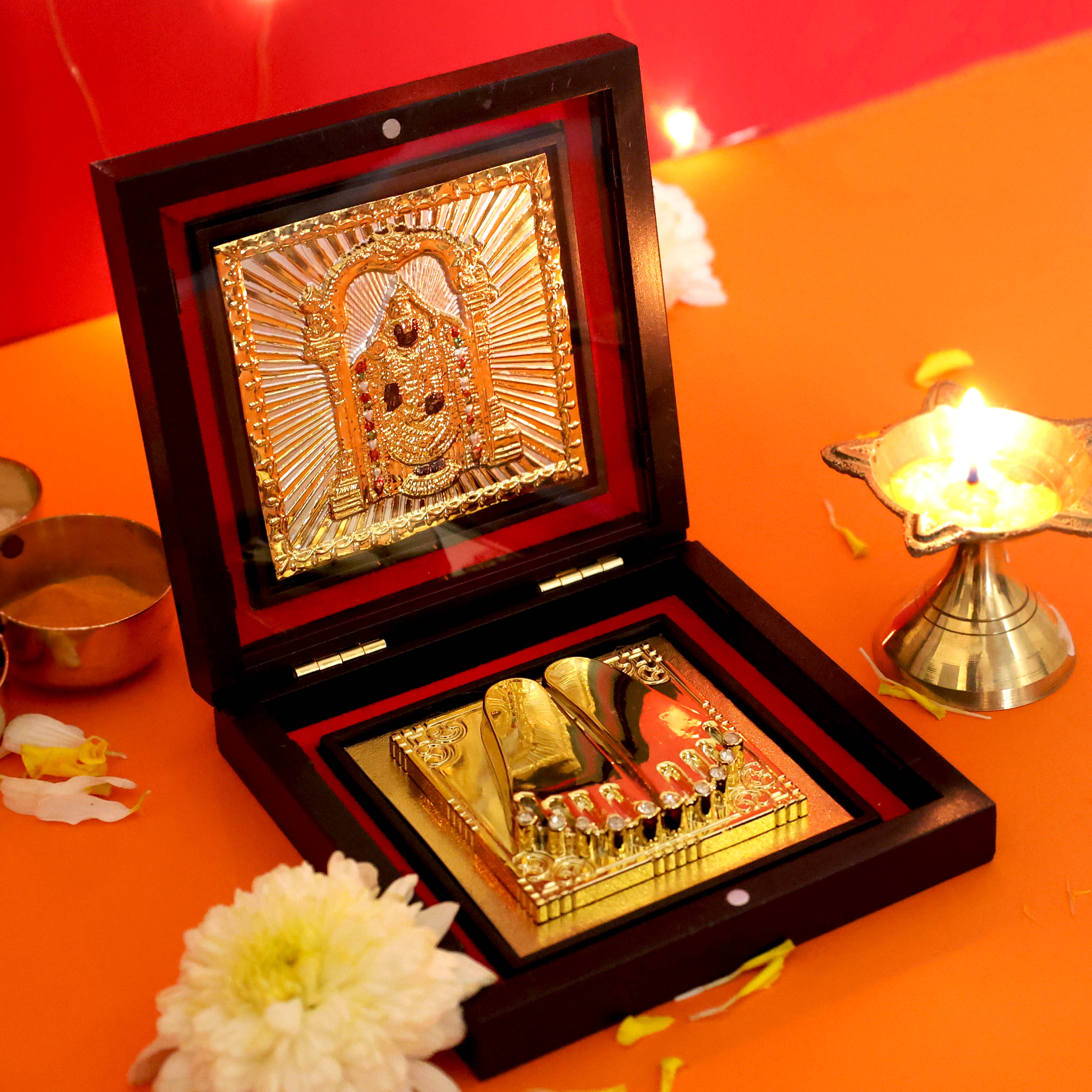 Moskai Balaji Charan Paduka Box with Golden Tirupati Balaji Idol Frame for Temple Decor