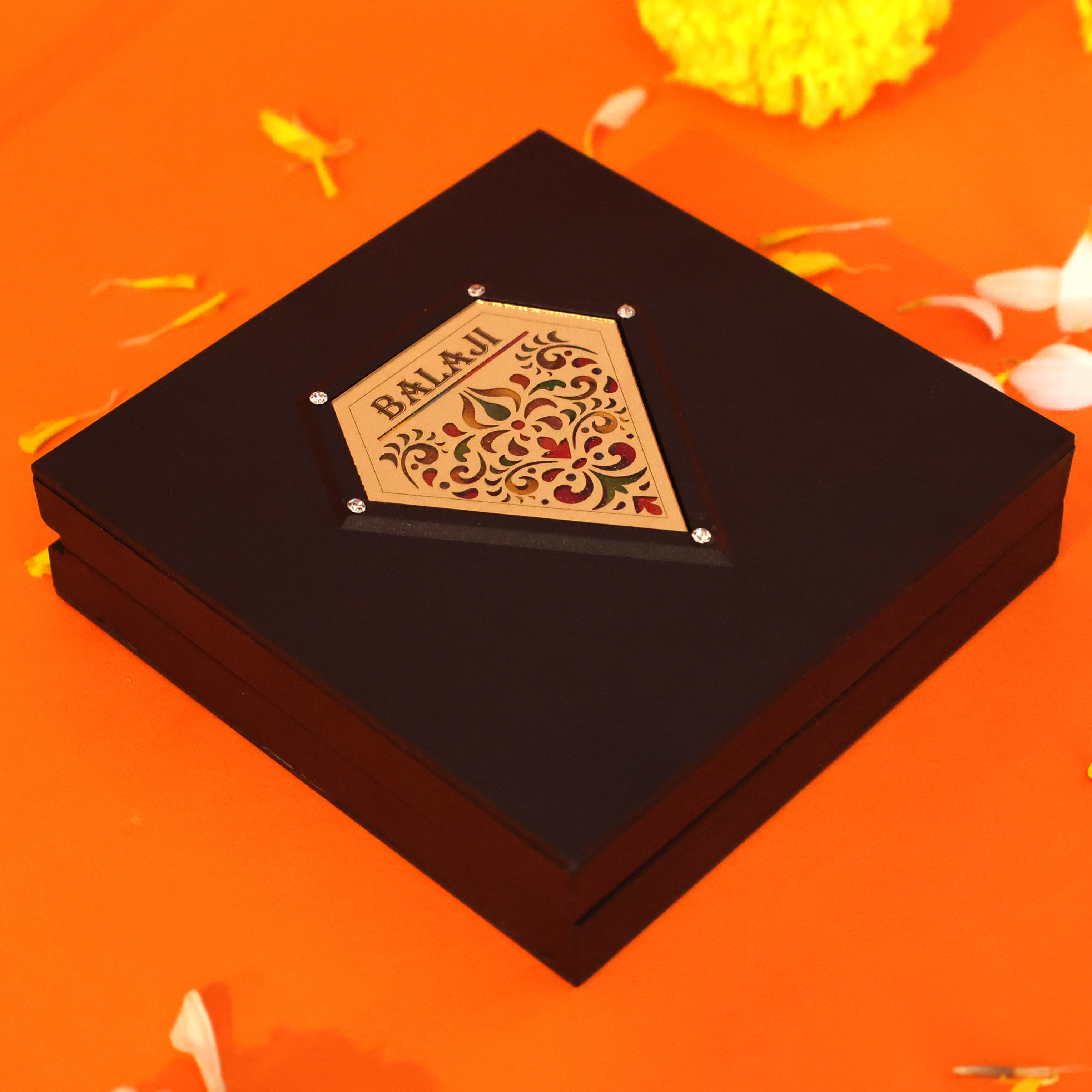 Moskai Balaji Charan Paduka Box with Golden Tirupati Balaji Idol Frame for Temple Decor