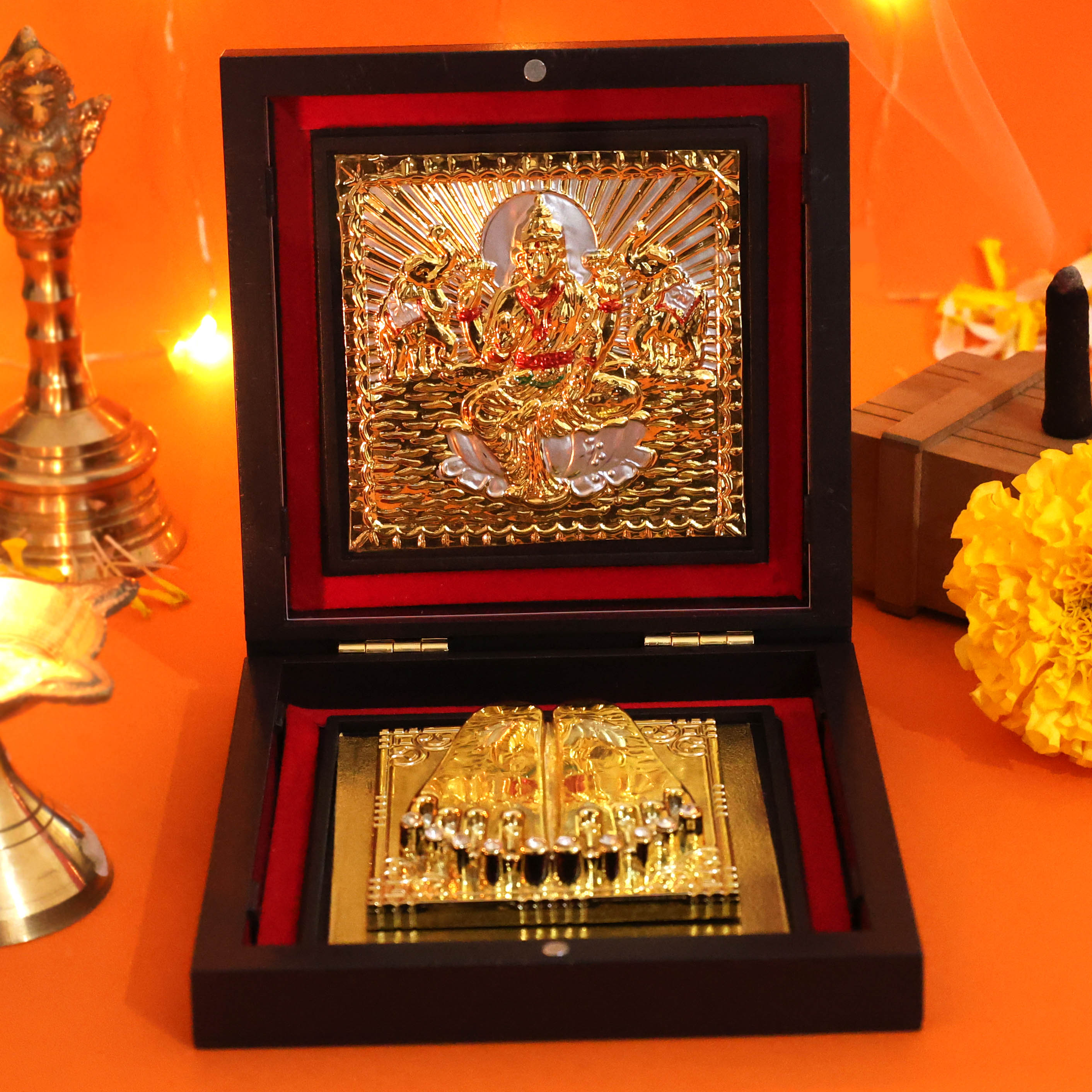 Moskai Jai Laxmi Maa Charan Paduka Box with Golden Lakshmi Idol Frame for Pooja Room