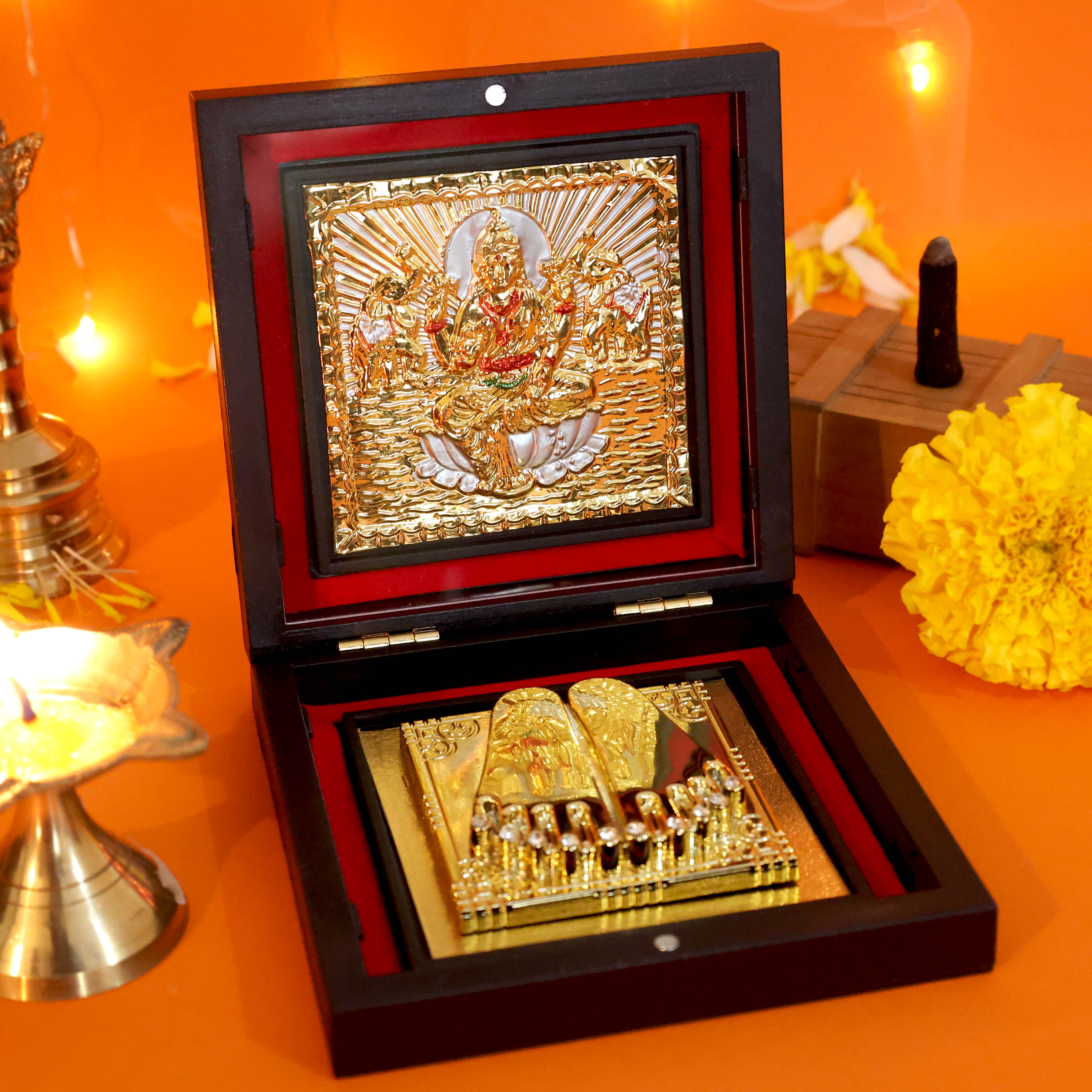 Moskai Jai Laxmi Maa Charan Paduka Box with Golden Lakshmi Idol Frame for Pooja Room