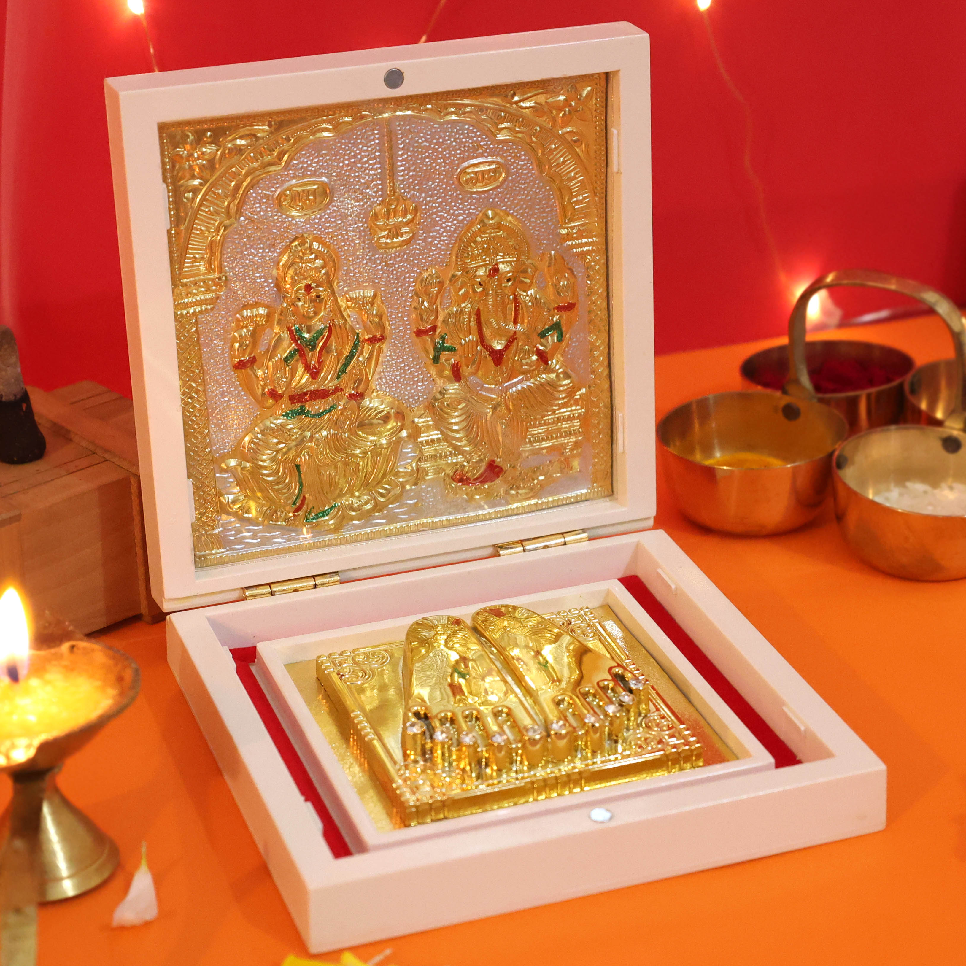Moskai Laxmi Ganesha Charan Paduka Box with Golden Embossed Idol Frame for Temple Decor