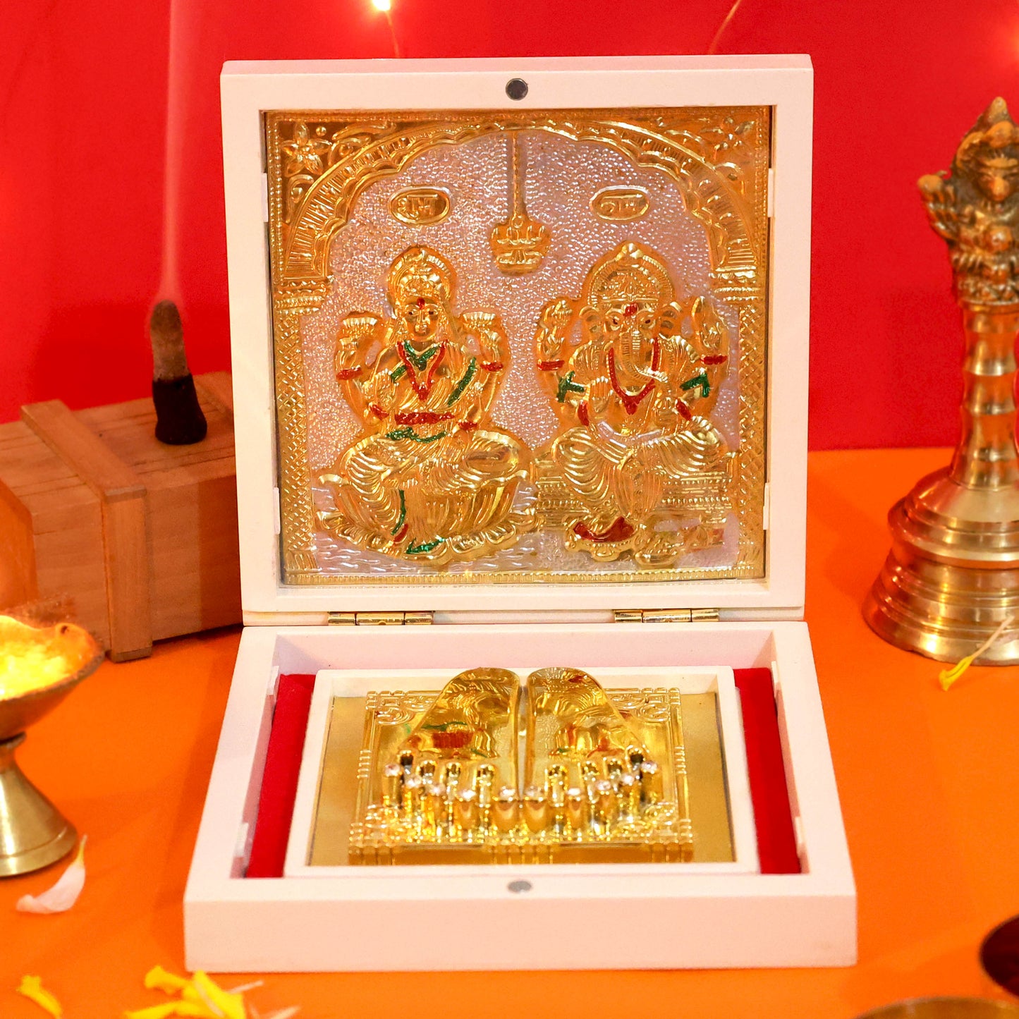 Moskai Laxmi Ganesha Charan Paduka Box with Golden Embossed Idol Frame for Temple Decor