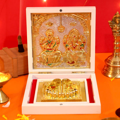 Moskai Laxmi Ganesha Charan Paduka Box with Golden Embossed Idol Frame for Temple Decor