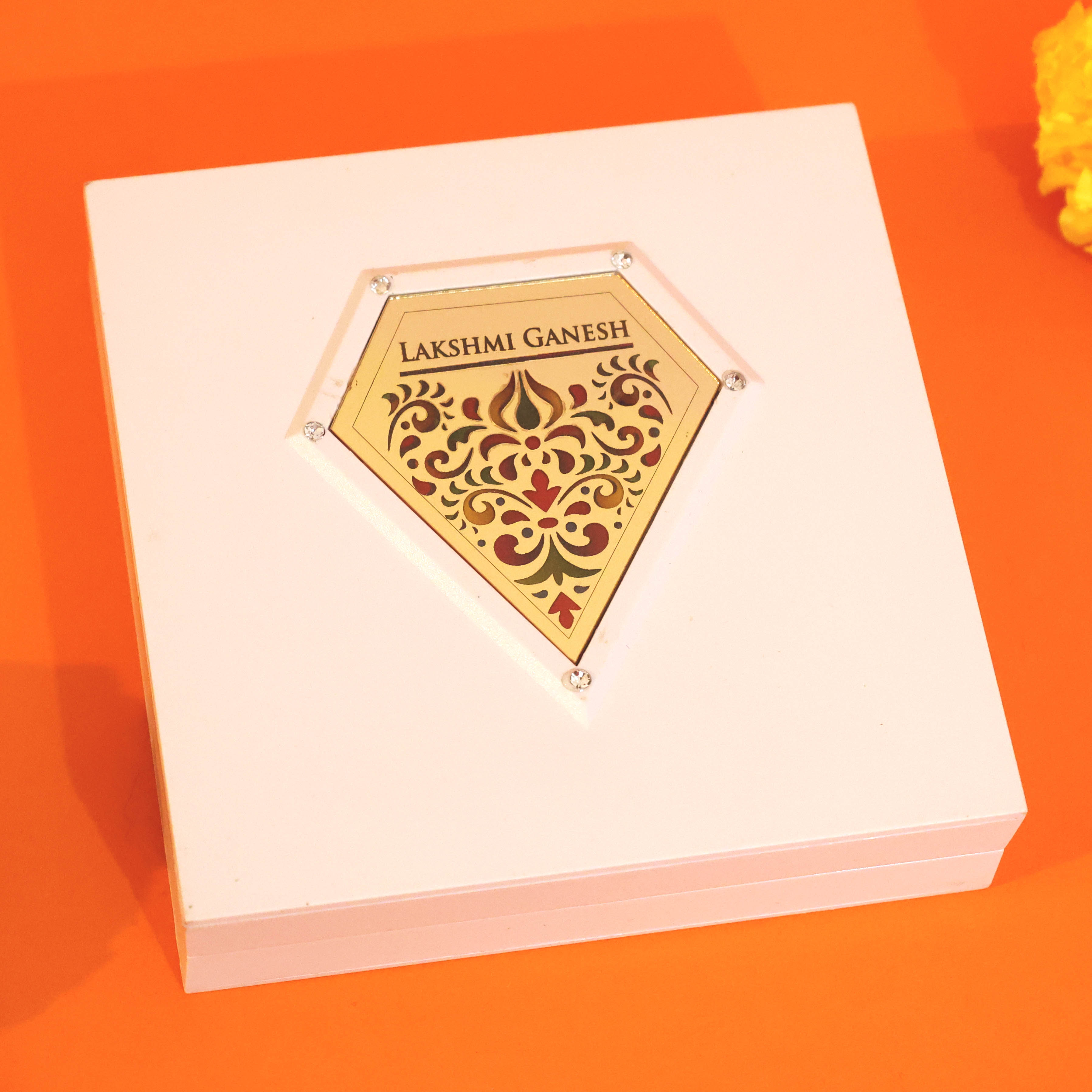 Moskai Laxmi Ganesha Charan Paduka Box with Golden Embossed Idol Frame for Temple Decor