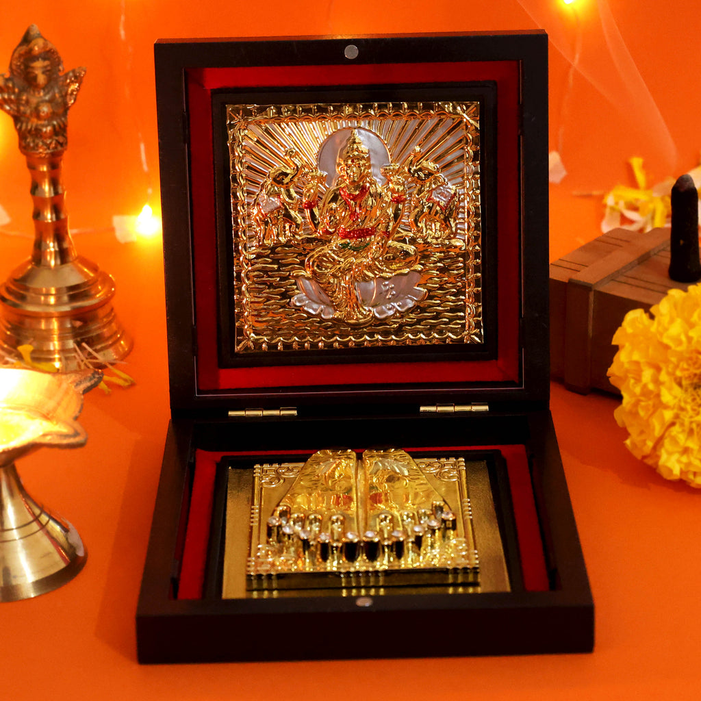 Moskai Shri Laxmi Charan Paduka Box with Golden Lakshmi Idol Frame for Pooja Room