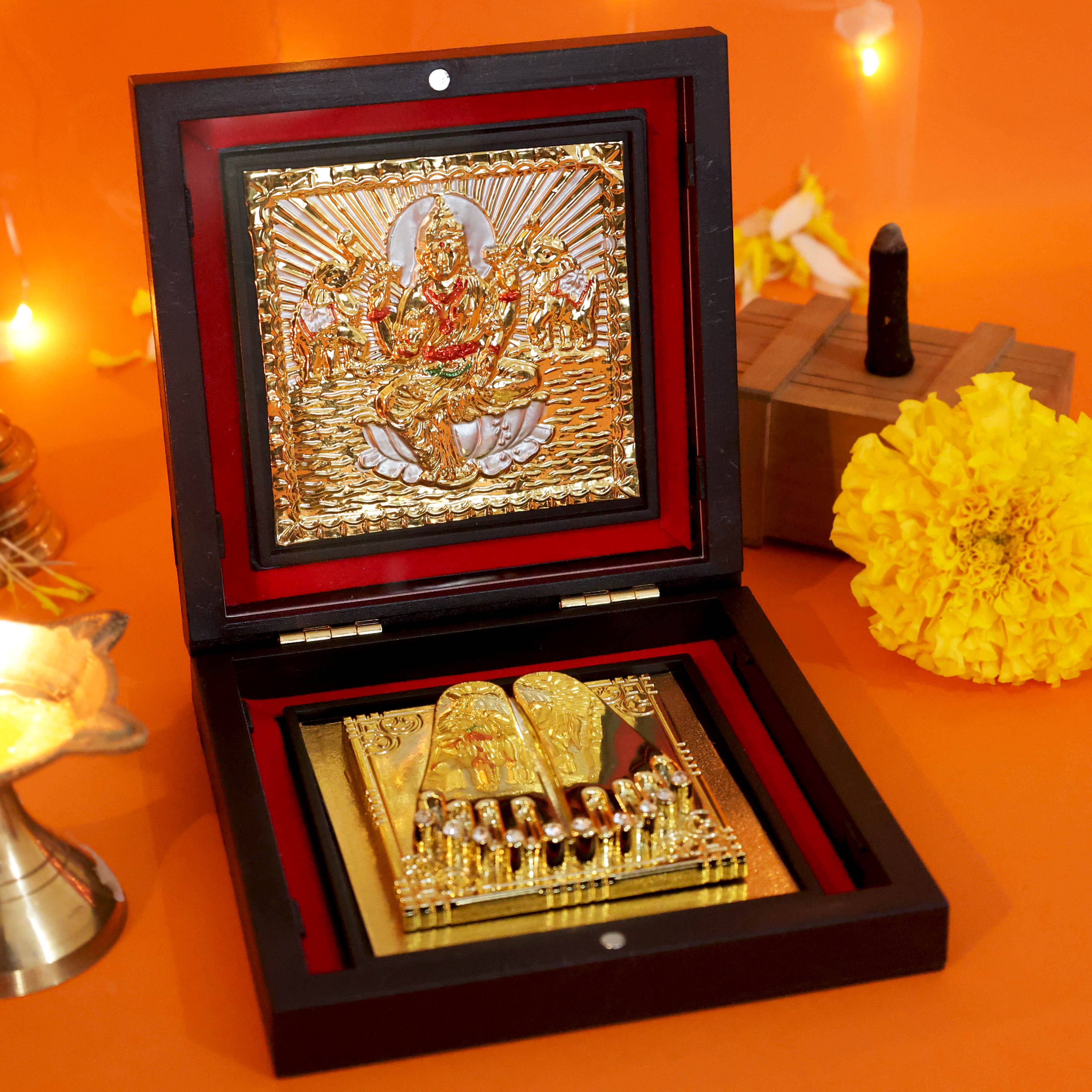 Moskai Shri Laxmi Charan Paduka Box with Golden Lakshmi Idol Frame for Pooja Room