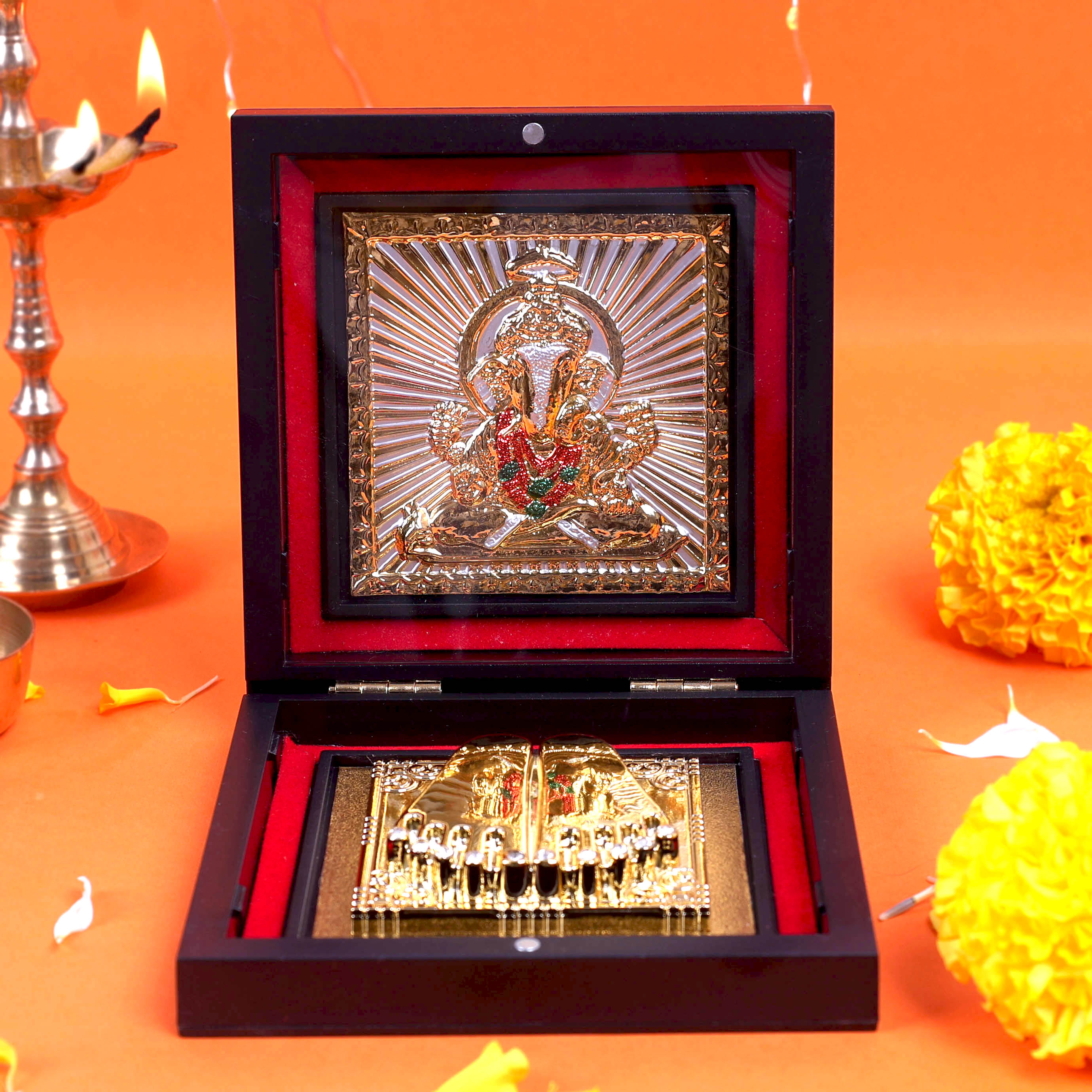 Moskai Shri Ganesha Charan Paduka Box with Decorative Golden Frame for Pooja
