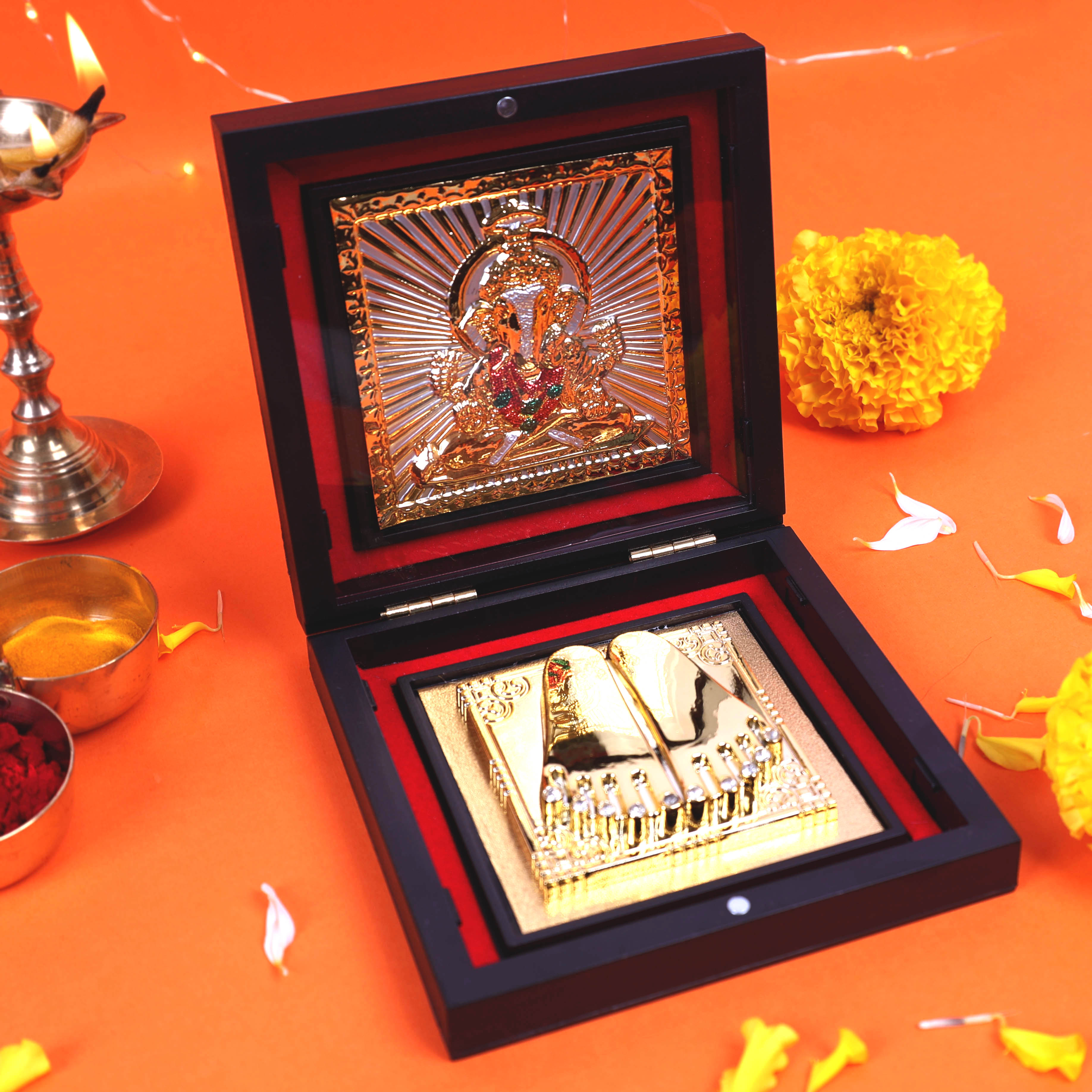 Moskai Shri Ganesha Charan Paduka Box with Decorative Golden Frame for Pooja