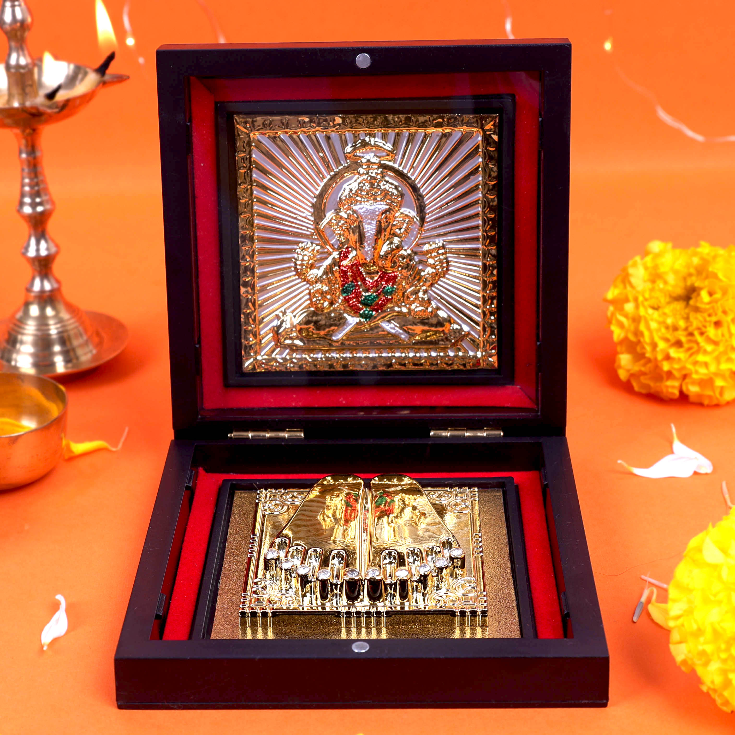 Moskai Shri Ganesha Charan Paduka Box with Decorative Golden Frame for Pooja