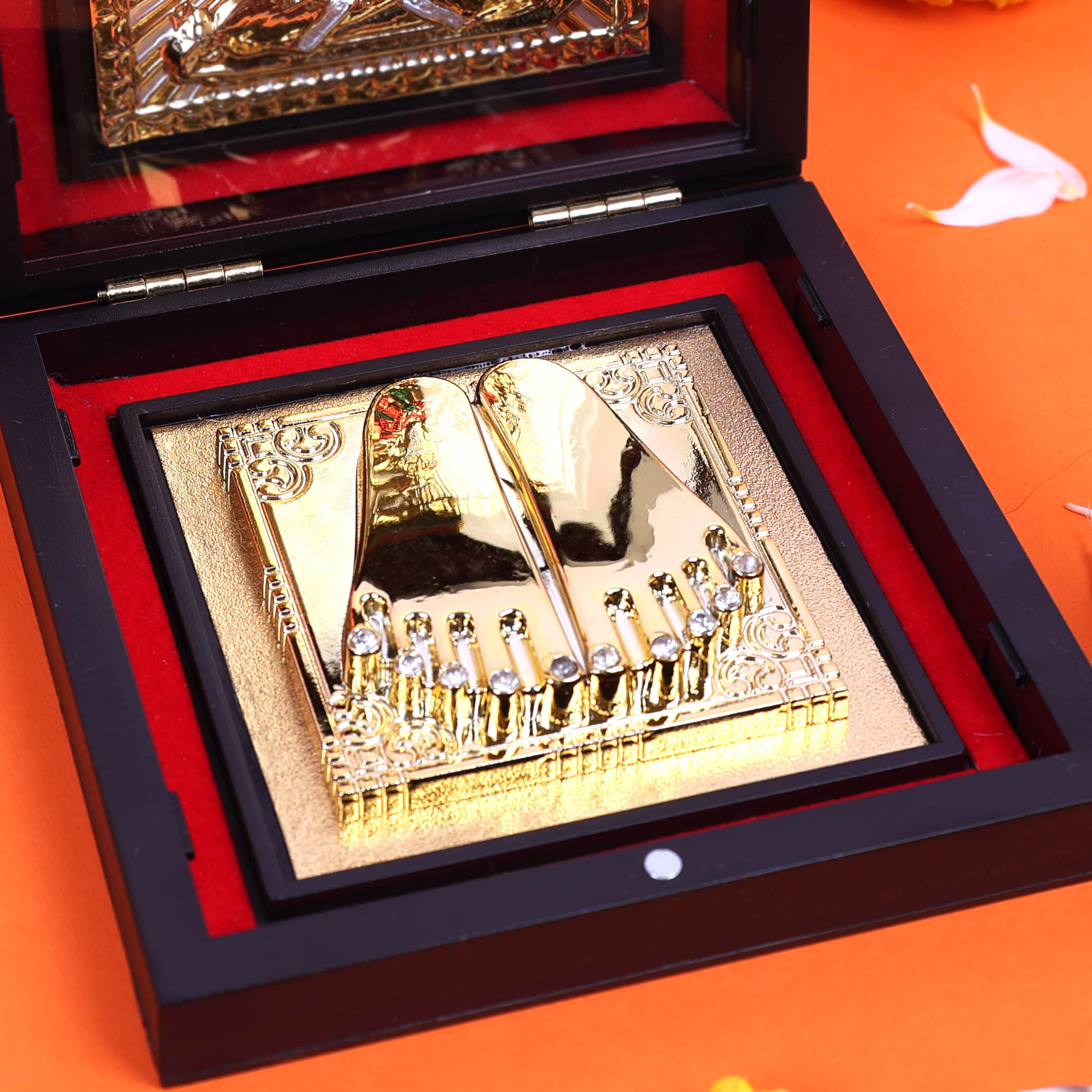 Moskai Shri Ganesha Charan Paduka Box with Decorative Golden Frame for Pooja