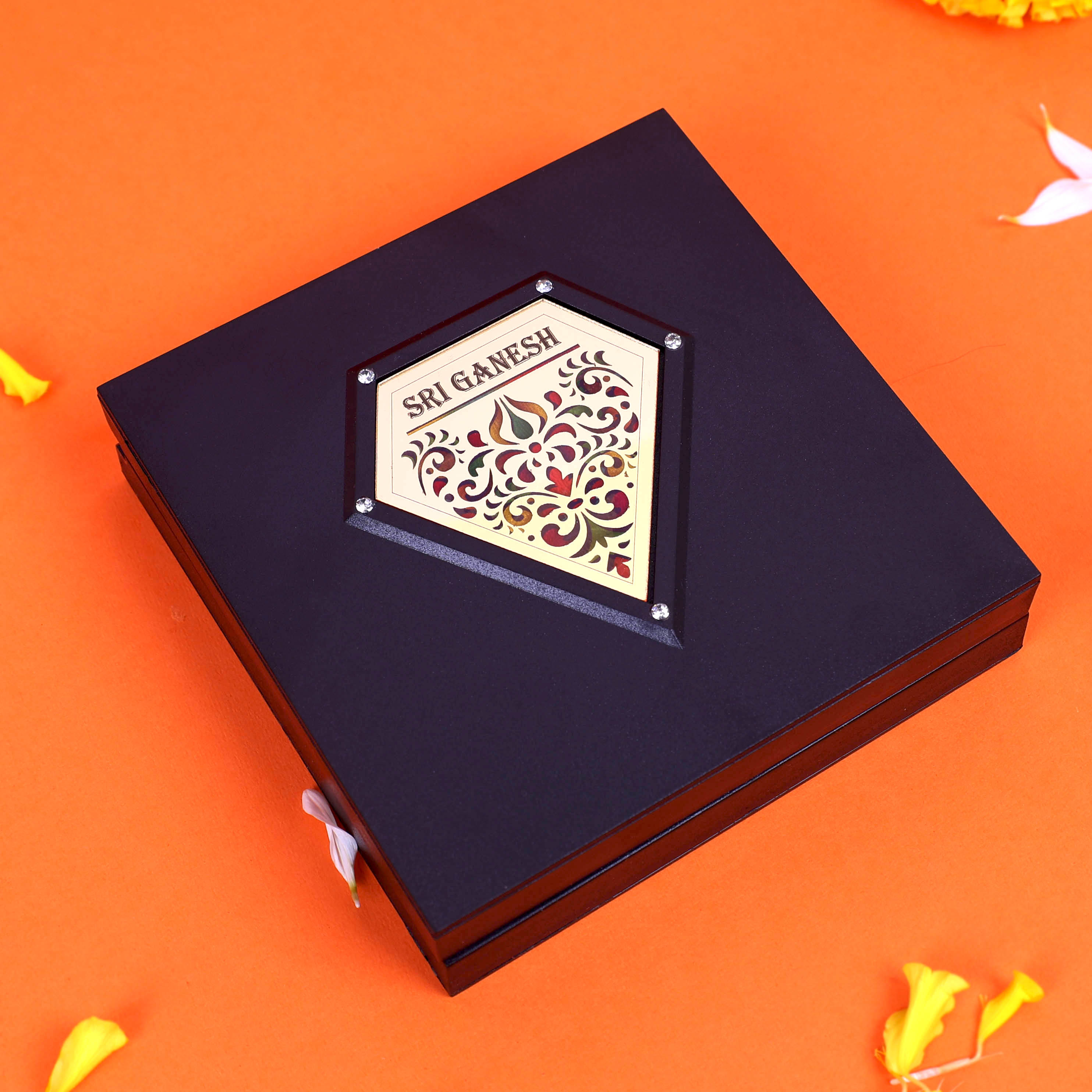 Moskai Shri Ganesha Charan Paduka Box with Decorative Golden Frame for Pooja