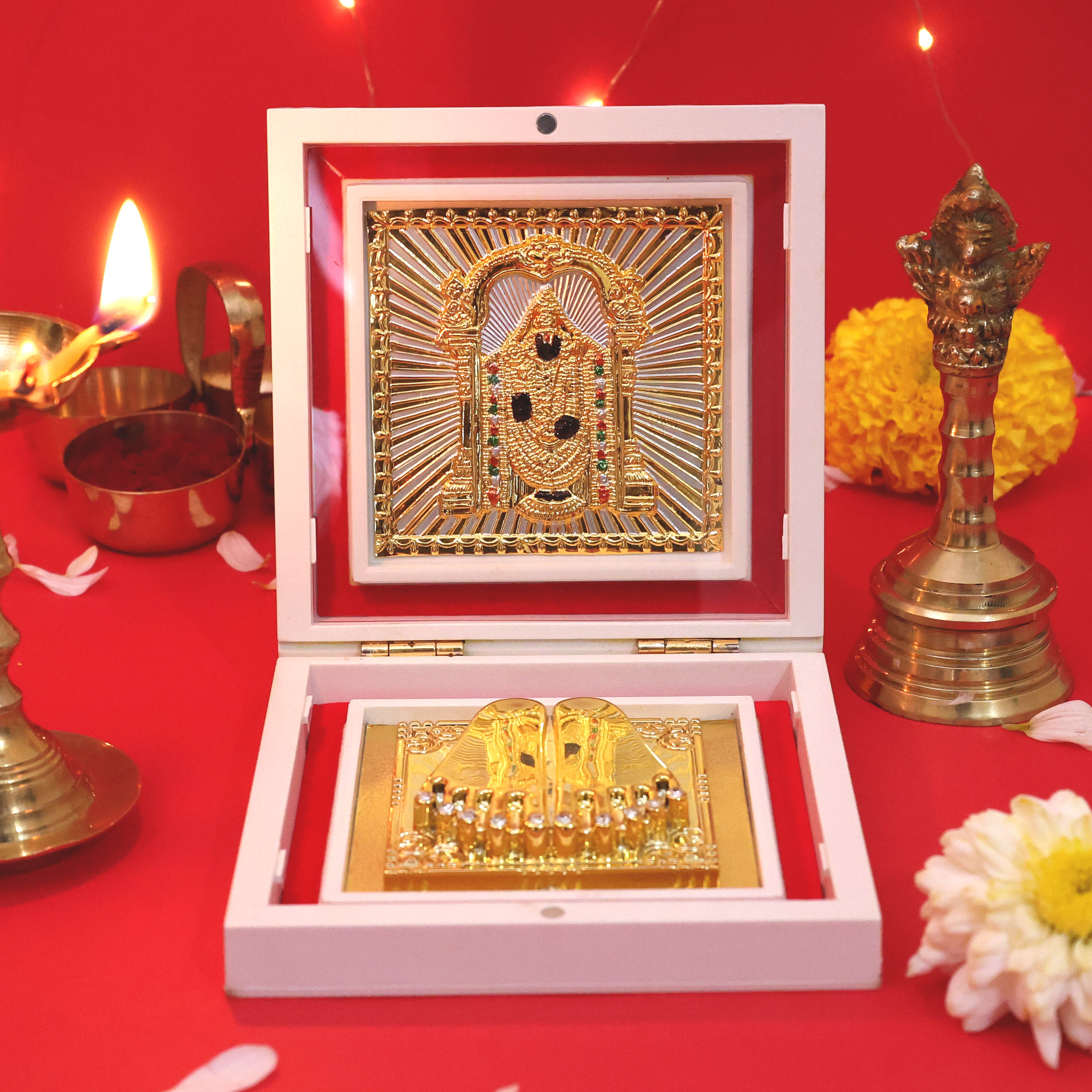 Moskai Tirupati Balaji Charan Paduka Box with Golden Idol Frame for Pooja Room