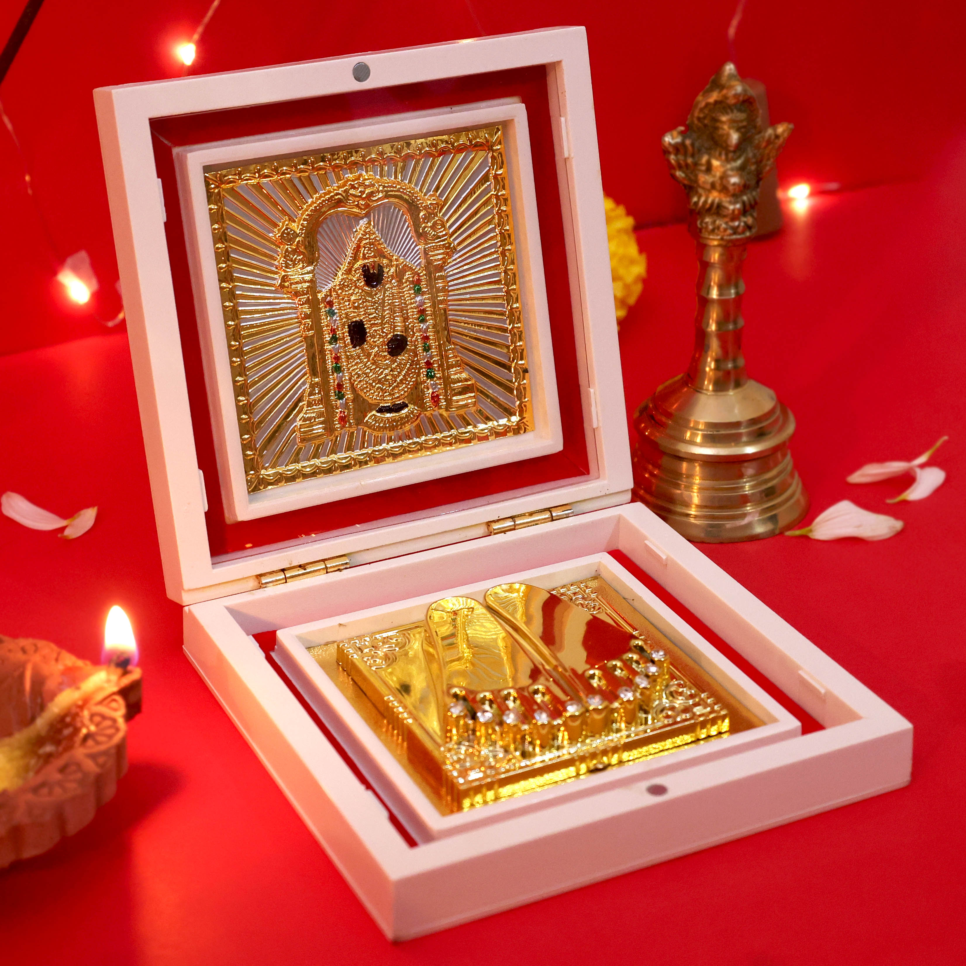 Moskai Tirupati Balaji Charan Paduka Box with Golden Idol Frame for Pooja Room