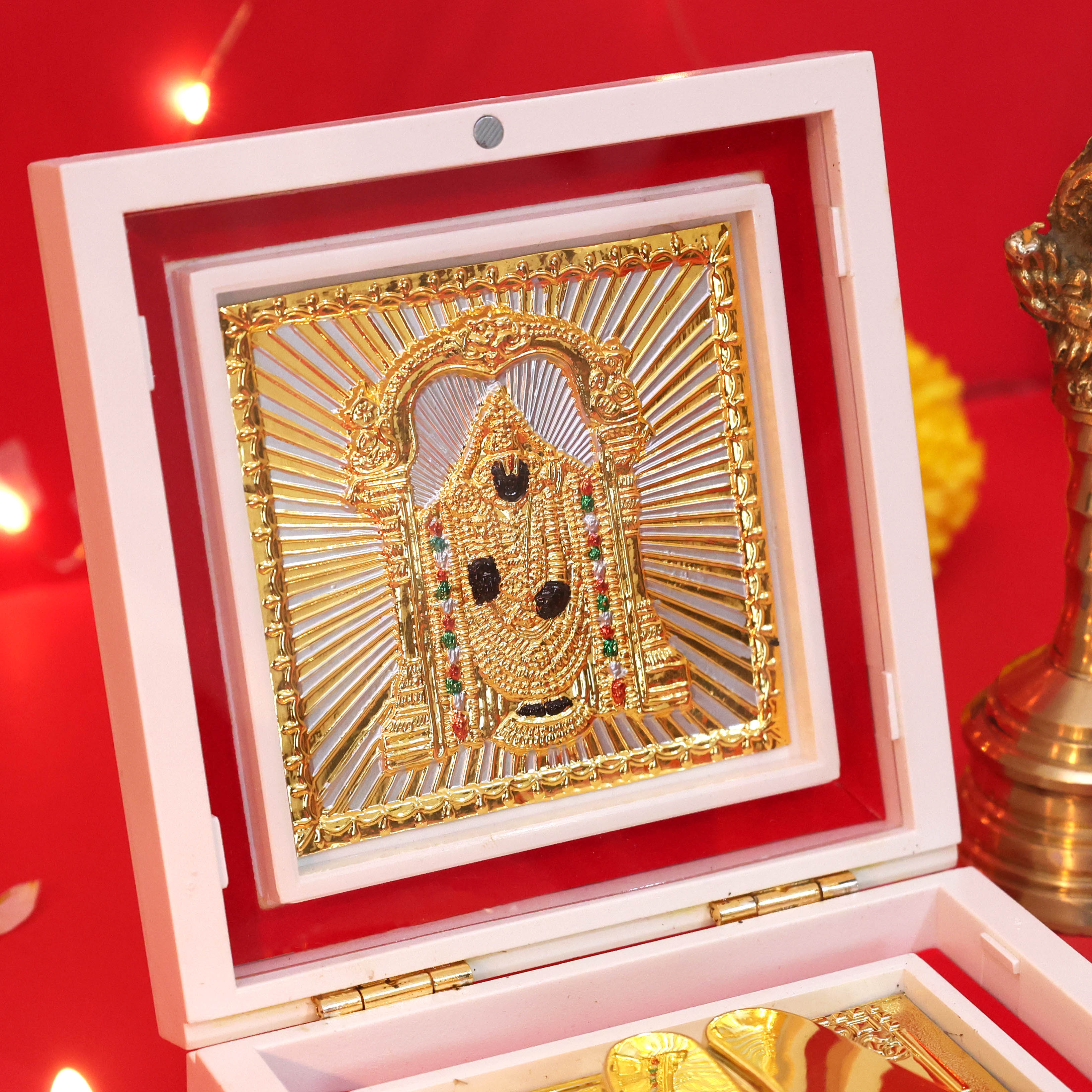 Moskai Tirupati Balaji Charan Paduka Box with Golden Idol Frame for Pooja Room