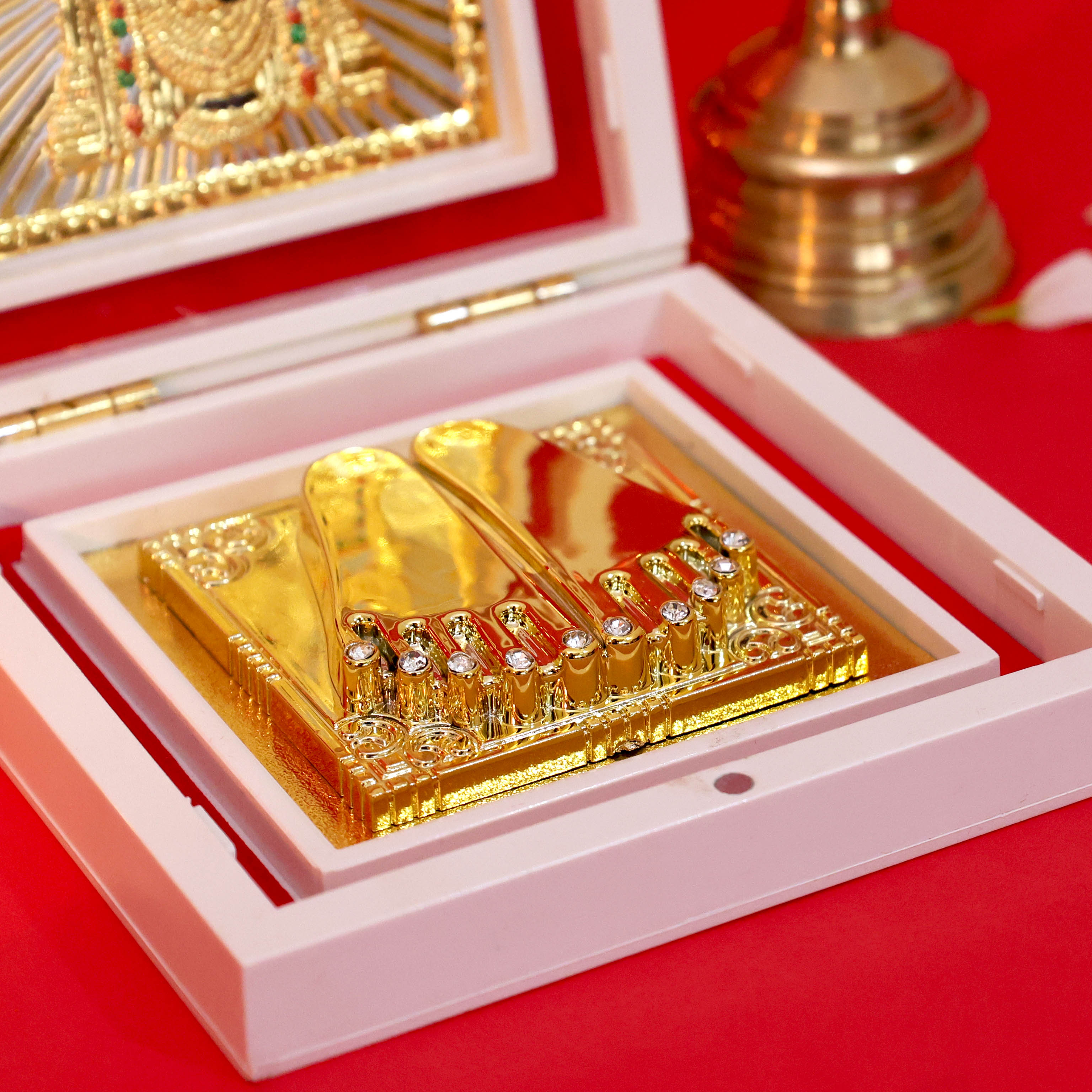 Moskai Tirupati Balaji Charan Paduka Box with Golden Idol Frame for Pooja Room