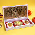Moskai Om Sri Venkateshaya Namah Charan Paduka Box with Gold Idol Frame and Divine Kalash Plates for Temple