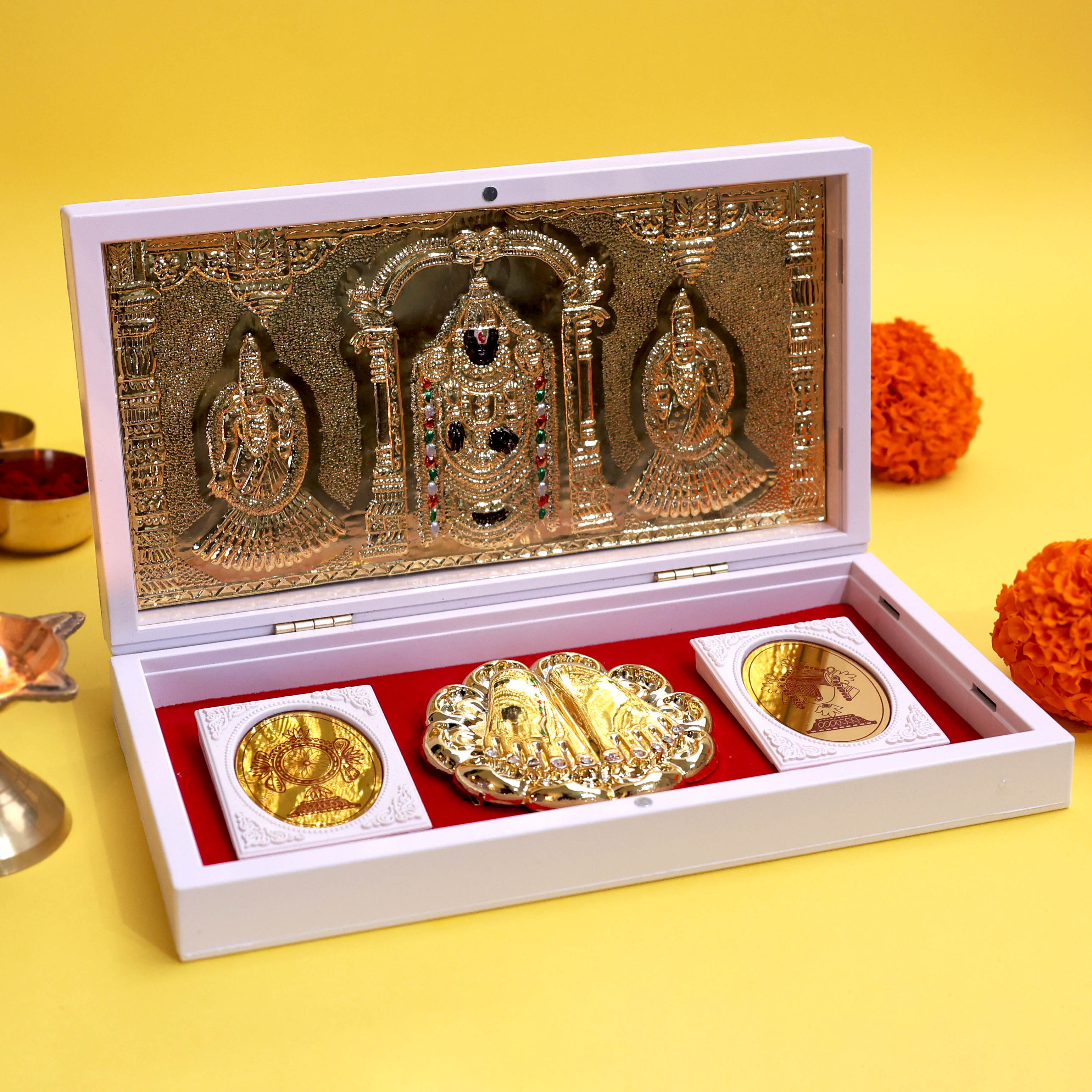 Moskai Om Sri Venkateshaya Namah Charan Paduka Box with Gold Idol Frame and Divine Kalash Plates for Temple