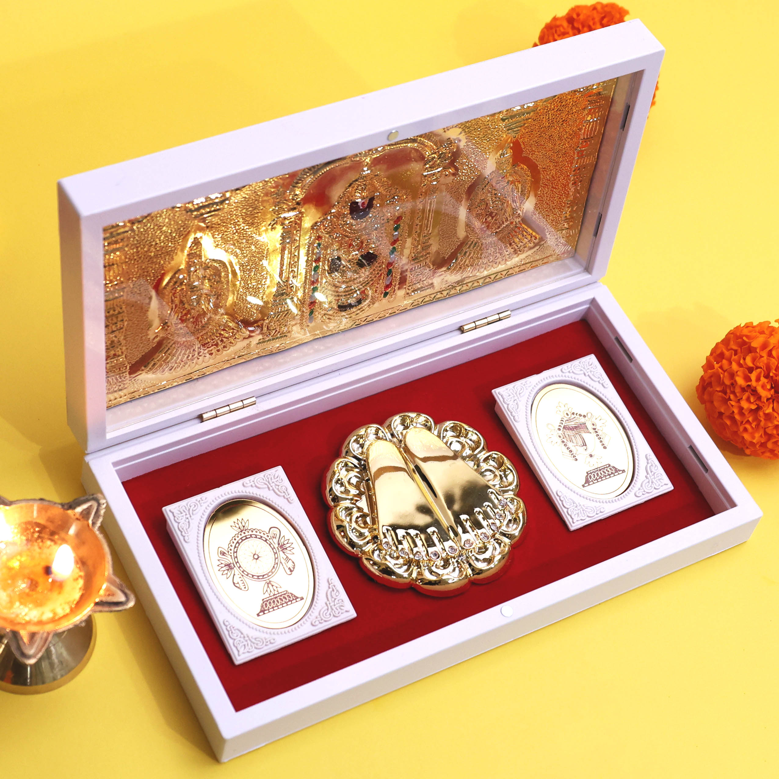 Moskai Om Sri Venkateshaya Namah Charan Paduka Box with Gold Idol Frame and Divine Kalash Plates for Temple