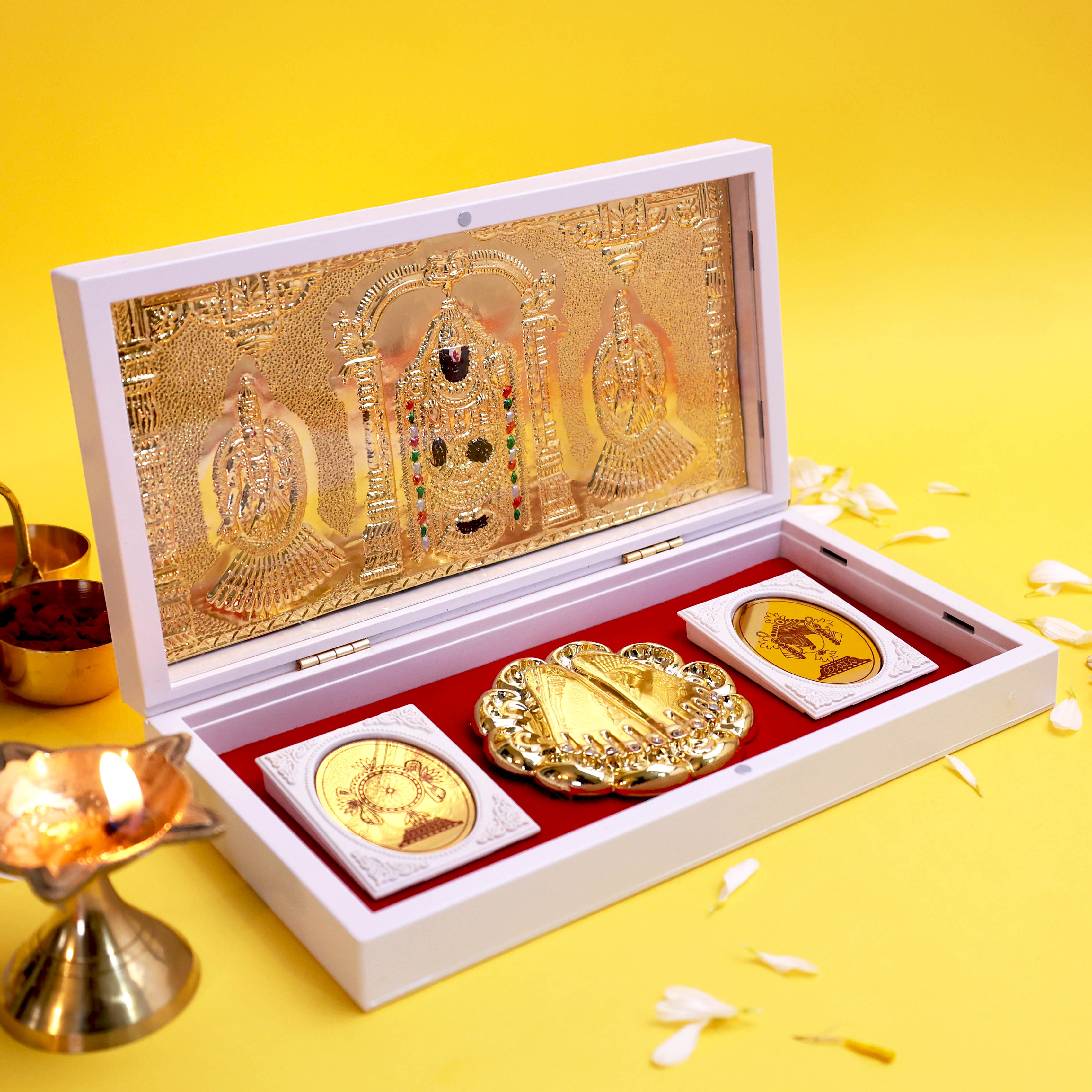 Moskai Om Sri Venkateshaya Namah Charan Paduka Box with Gold Idol Frame and Divine Kalash Plates for Temple