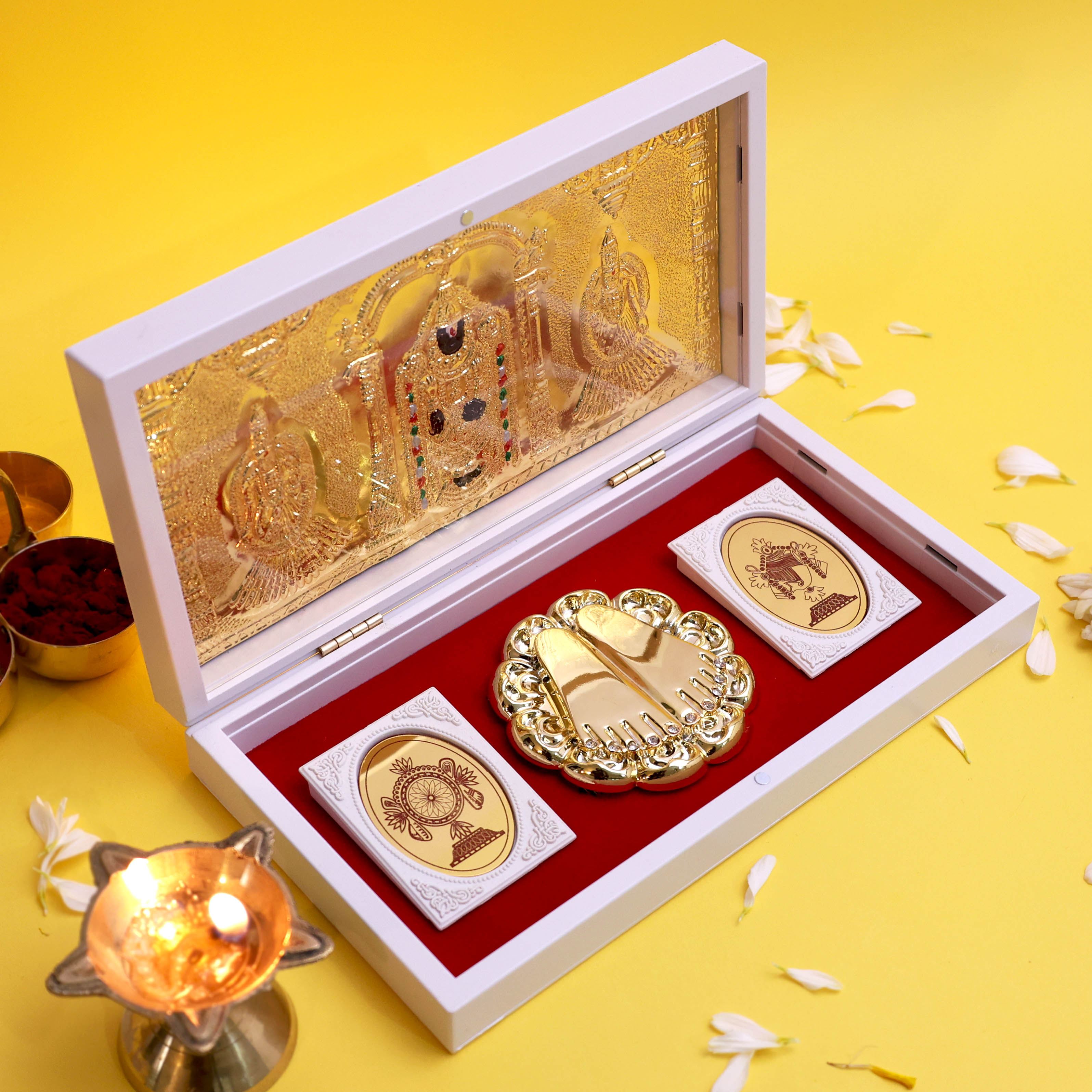 Moskai Om Sri Venkateshaya Namah Charan Paduka Box with Gold Idol Frame and Divine Kalash Plates for Temple