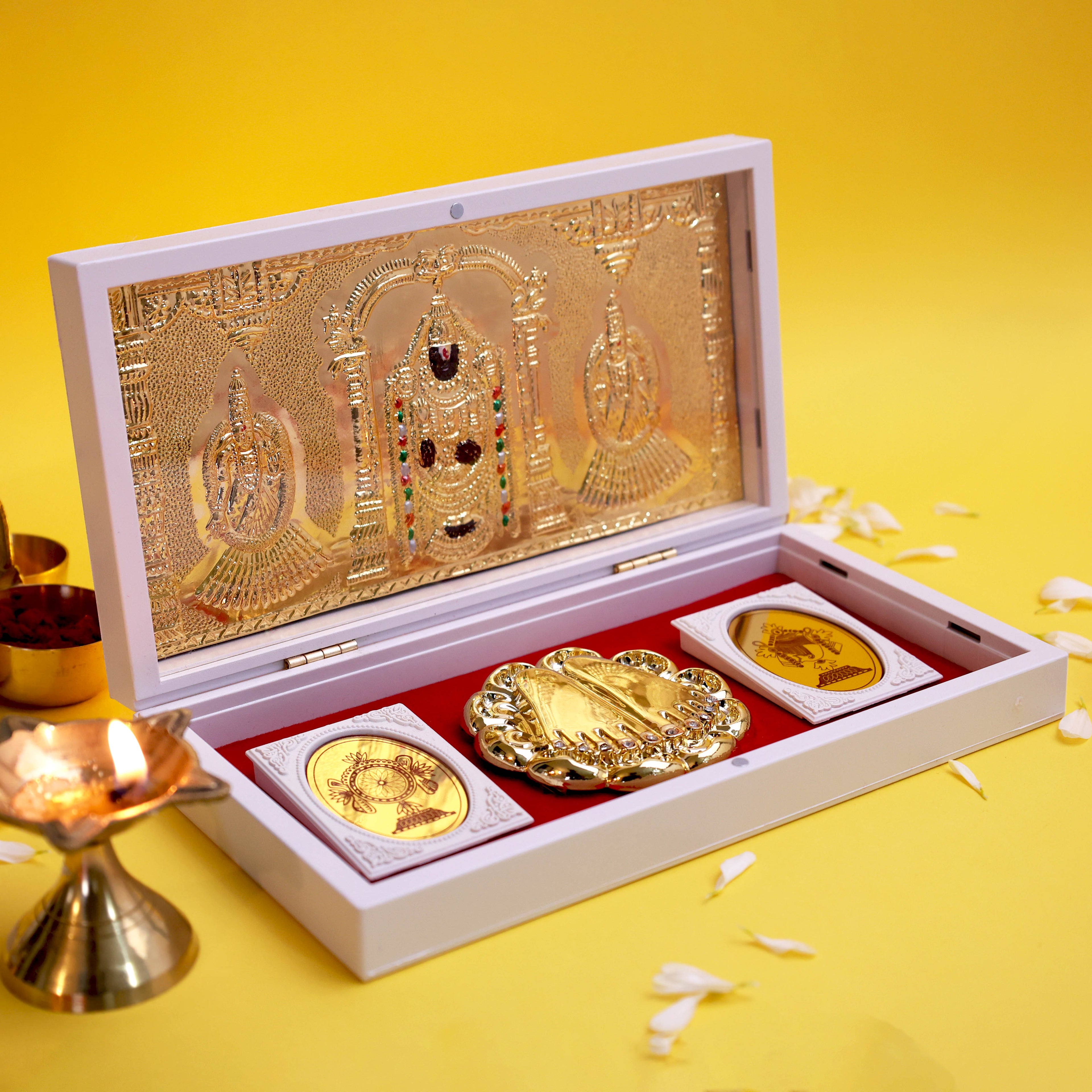Moskai Om Sri Venkateshaya Namah Charan Paduka Box with Gold Idol Frame and Divine Kalash Plates for Temple
