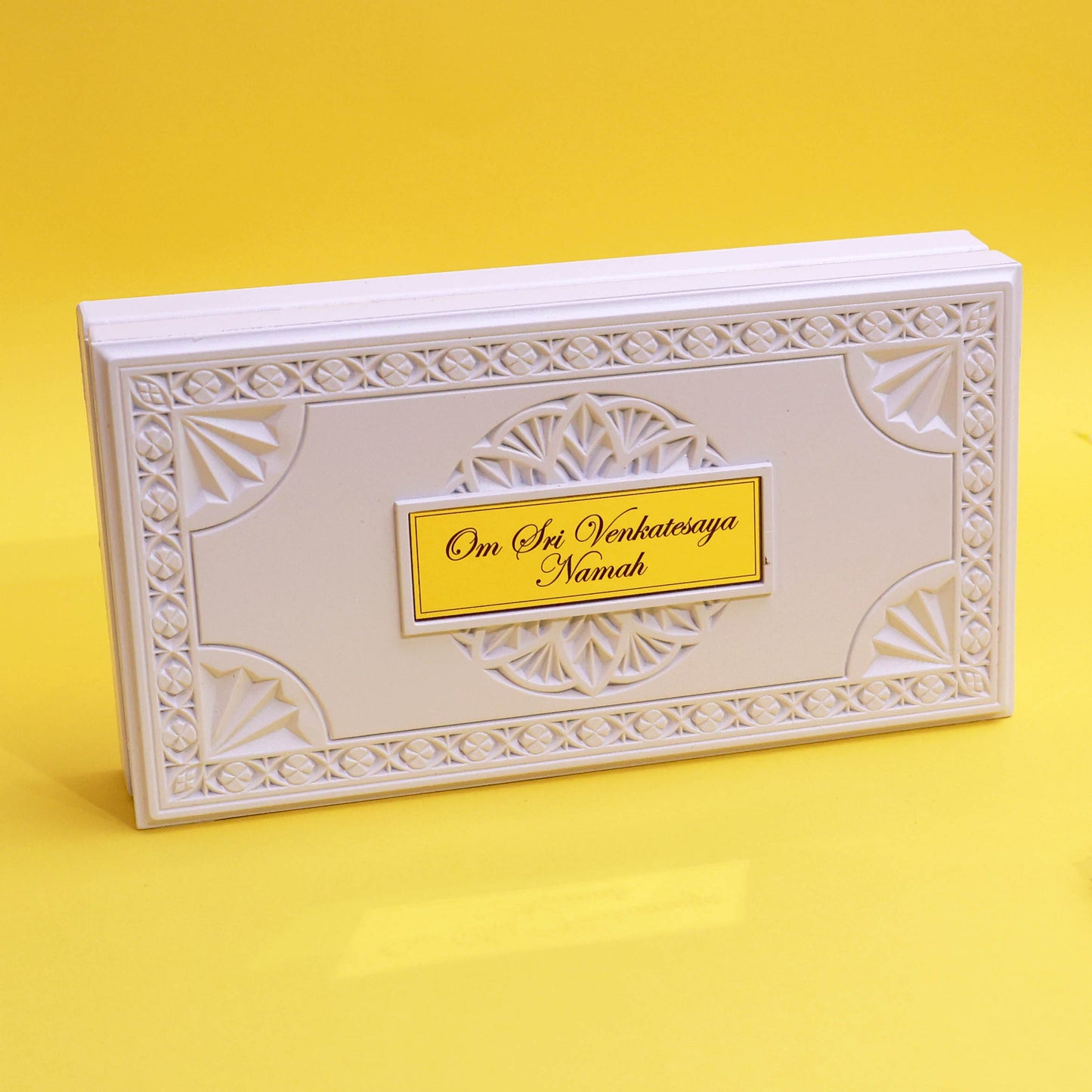 Moskai Om Sri Venkateshaya Namah Charan Paduka Box with Gold Idol Frame and Divine Kalash Plates for Temple