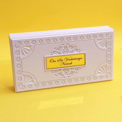 Moskai Om Sri Venkateshaya Namah Charan Paduka Box with Gold Idol Frame and Divine Kalash Plates for Temple