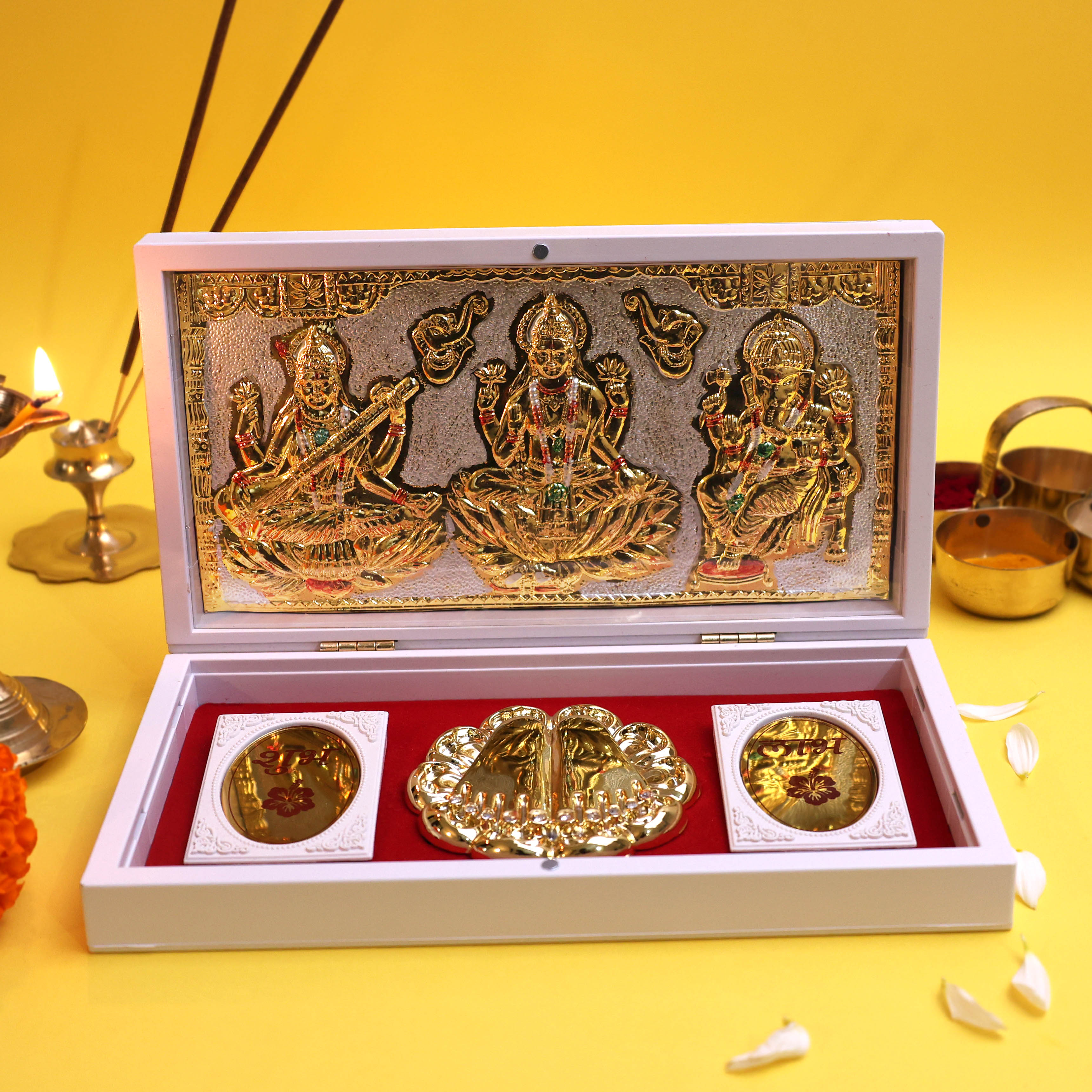 Moskai Laxmi Ganesha Mere Humsafar Paduka Box with Divine Artwork & Coins