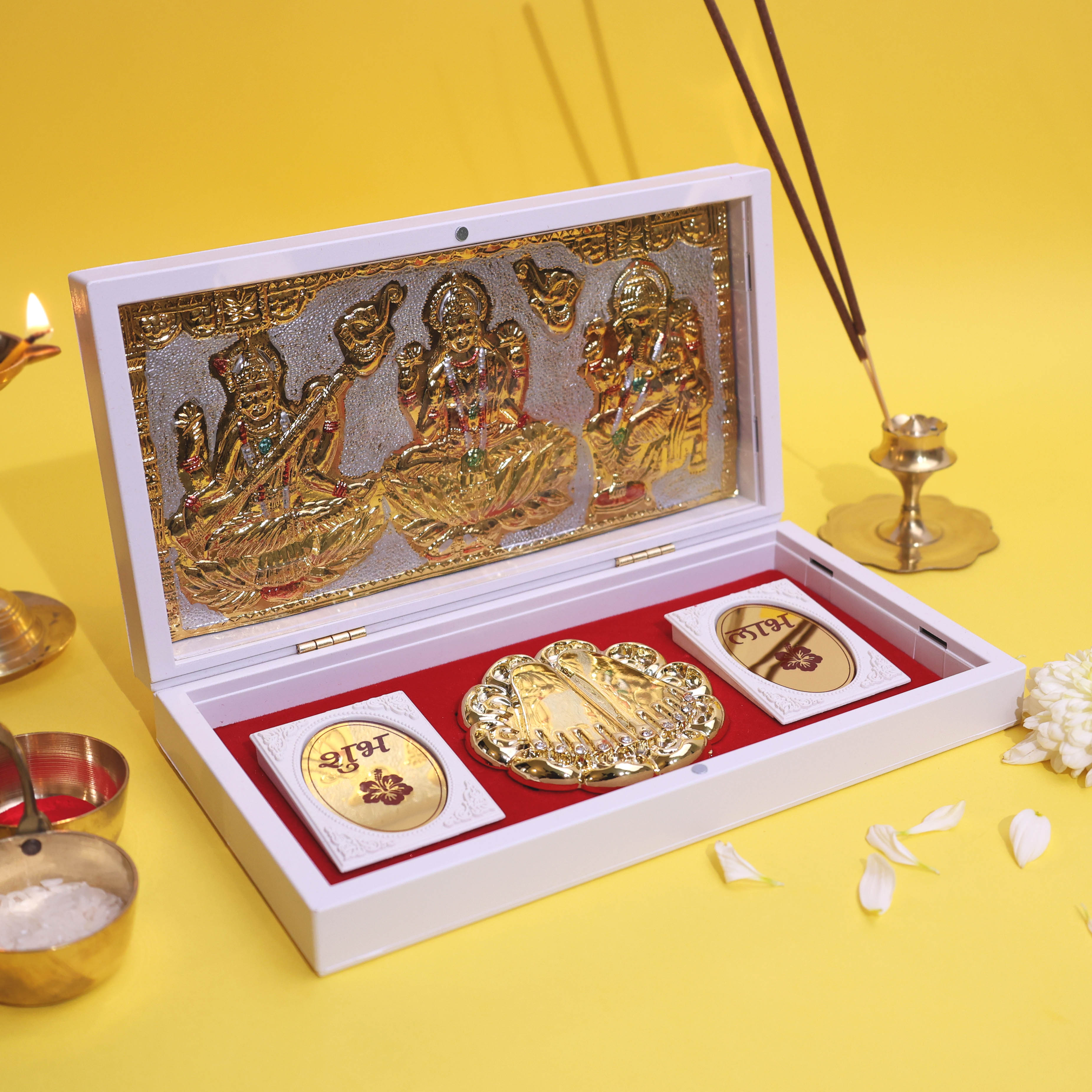 Moskai Laxmi Ganesha Mere Humsafar Paduka Box with Divine Artwork & Coins