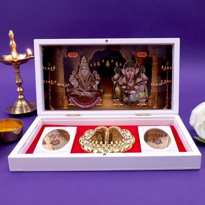 Moskai 3D Laxmi Ganesha Charan Paduka Box with Shubh Labh Coins