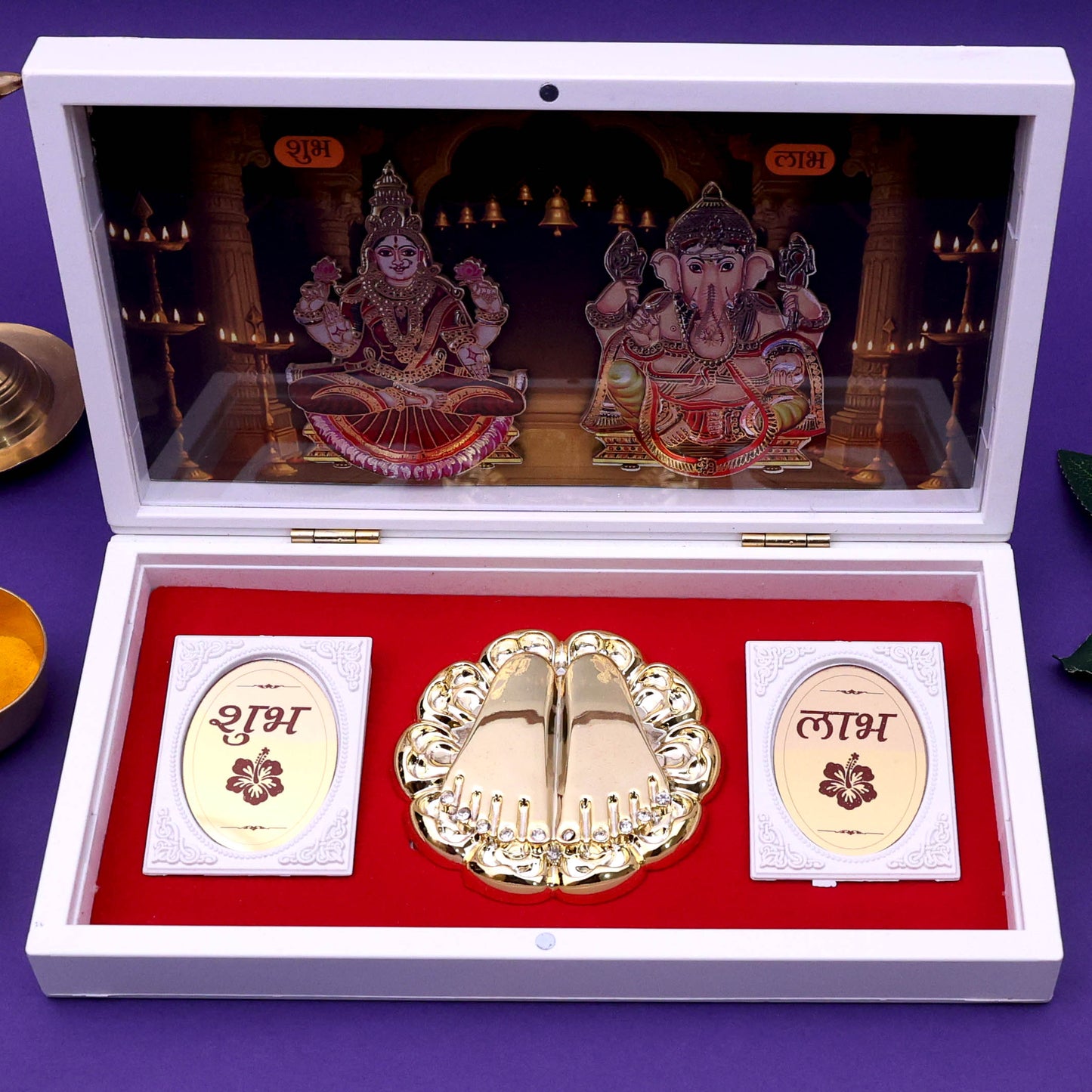Moskai 3D Laxmi Ganesha Charan Paduka Box with Shubh Labh Coins