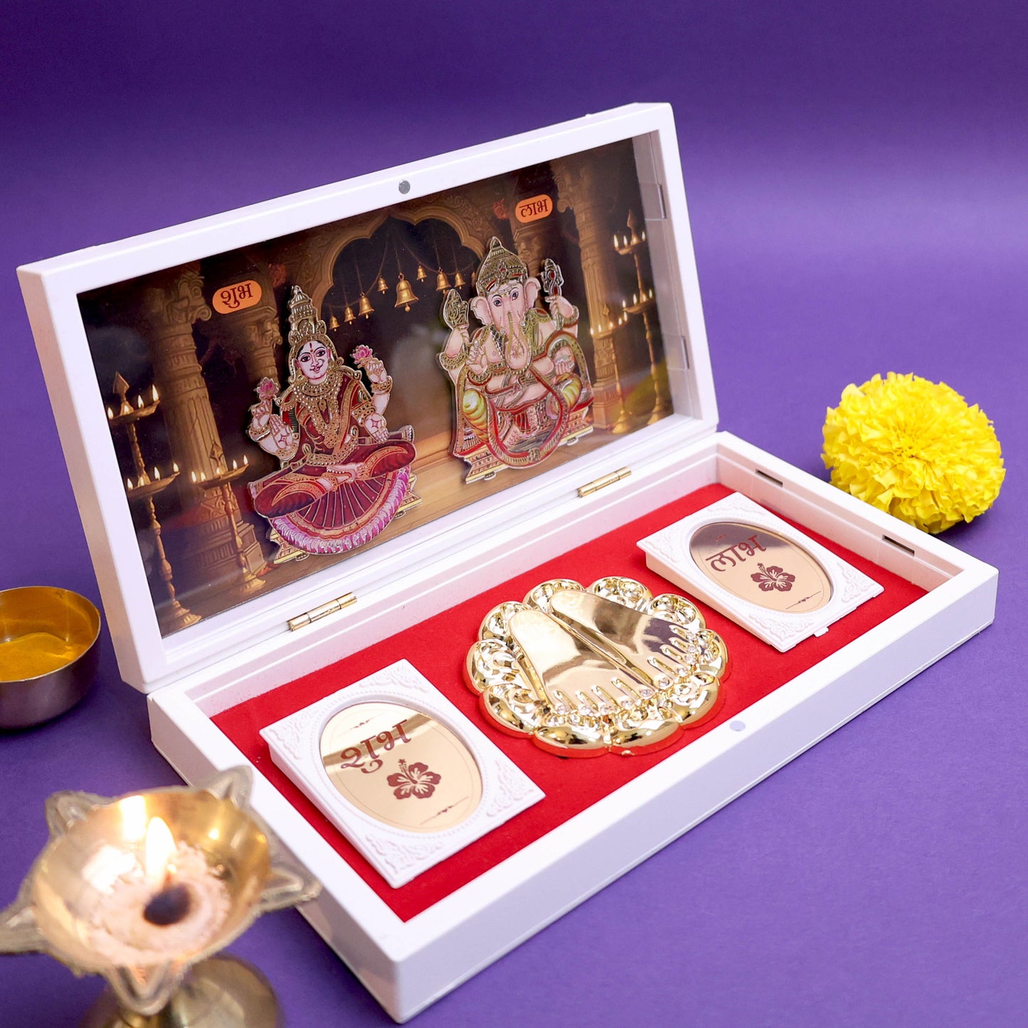 Moskai 3D Laxmi Ganesha Charan Paduka Box with Shubh Labh Coins