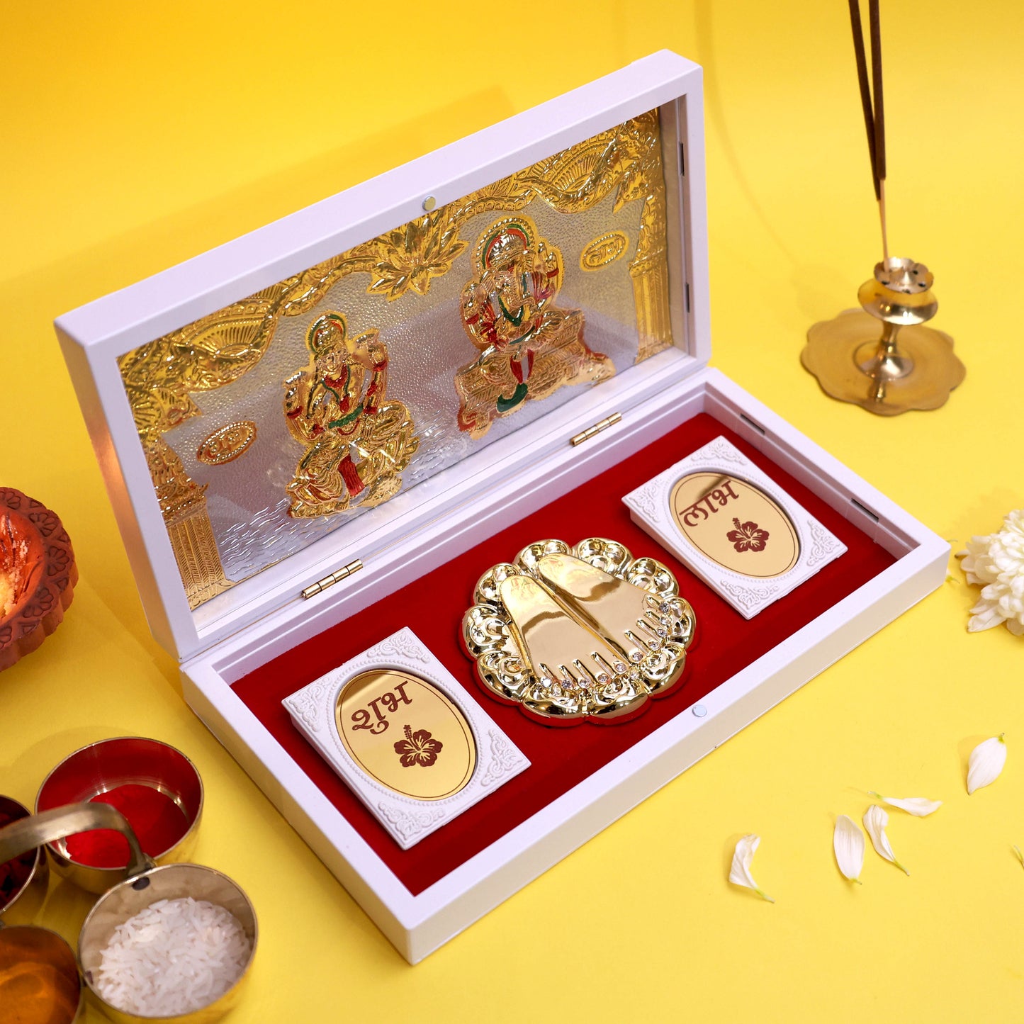 Moskai Laxmi Ganesha Charan Paduka Box with Shubh Labh Coins Gift Set