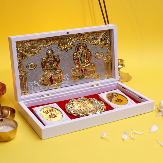 Moskai Laxmi Ganesha Charan Paduka Box with Shubh Labh Coins Gift Set
