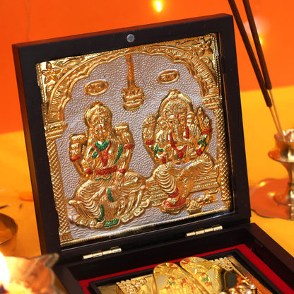 Moskai Golden Laxmi Ganesh Charan Paduka Box with Temple Artwork