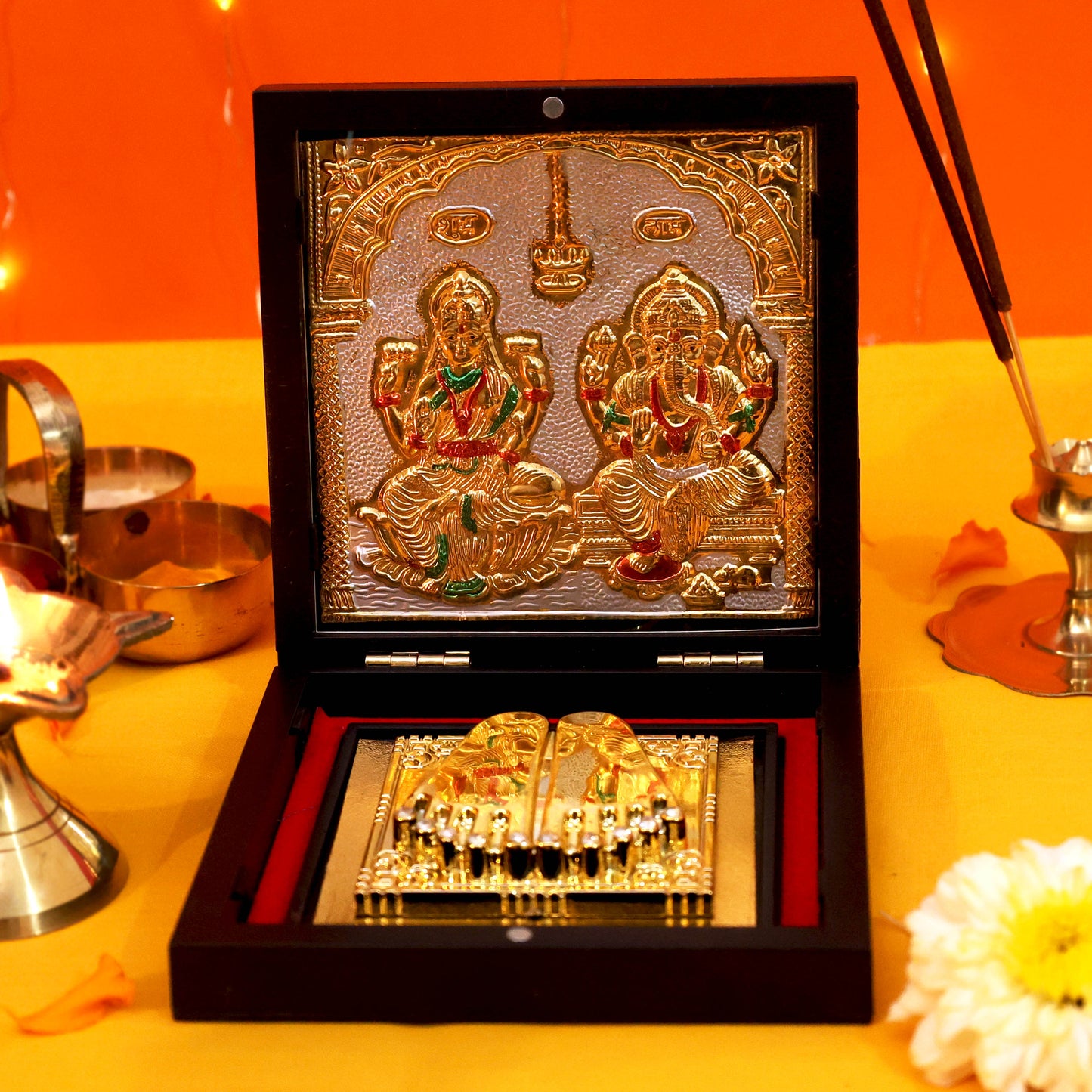 Moskai Golden Laxmi Ganesh Charan Paduka Box with Temple Artwork