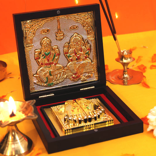 Moskai Golden Laxmi Ganesh Charan Paduka Box with Temple Artwork