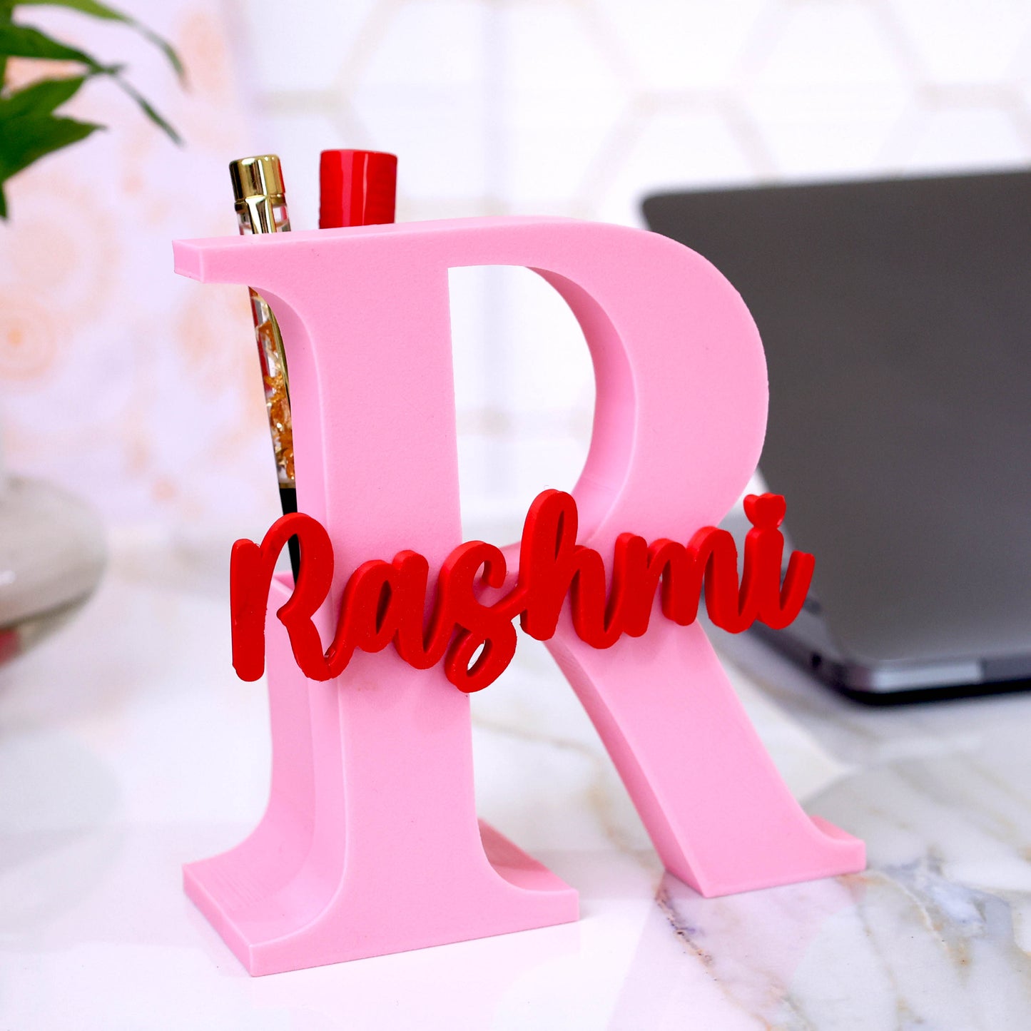 Moskai 3D Baby Pink Personalized Name Pen Stand for Desk Decor