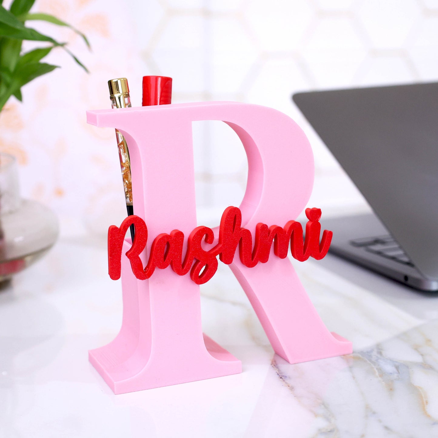 Moskai 3D Baby Pink Personalized Name Pen Stand for Desk Decor