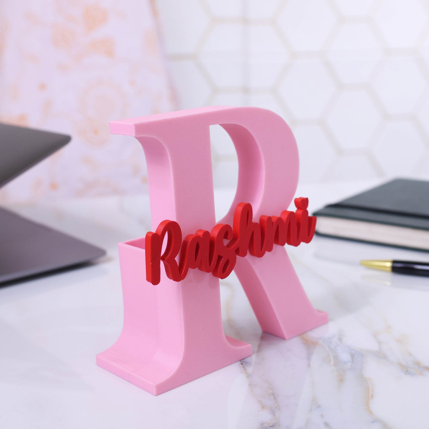 Moskai 3D Baby Pink Personalized Name Pen Stand for Desk Decor