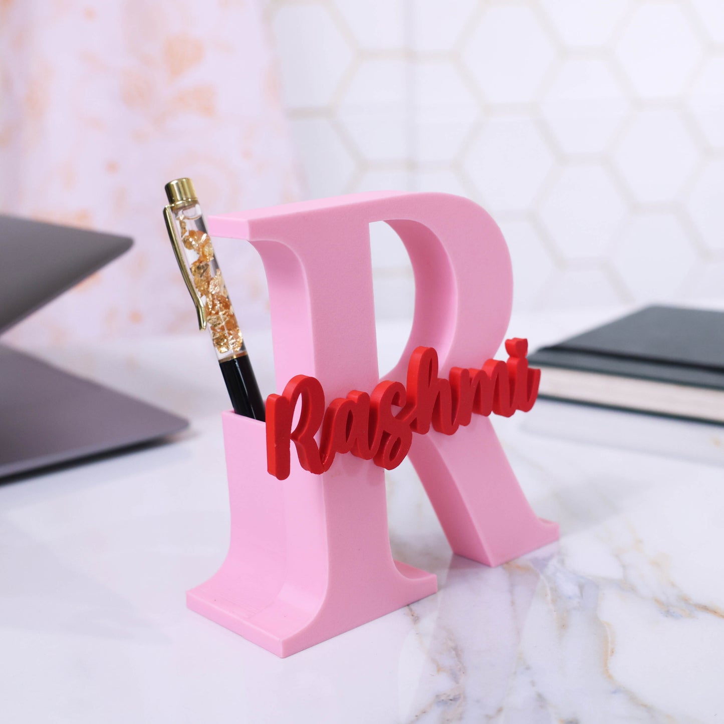 Moskai 3D Baby Pink Personalized Name Pen Stand for Desk Decor