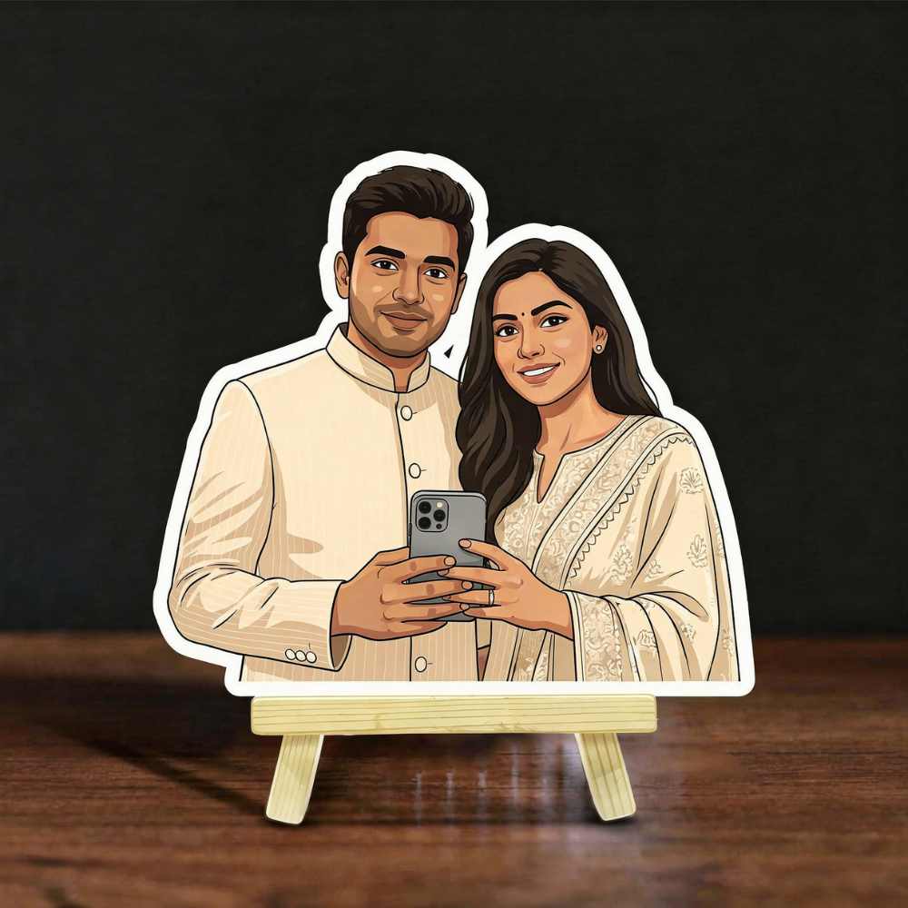 Moskai Modern Indian Family Custom Caricature – Personalized Couple Portrait Standee Gift
