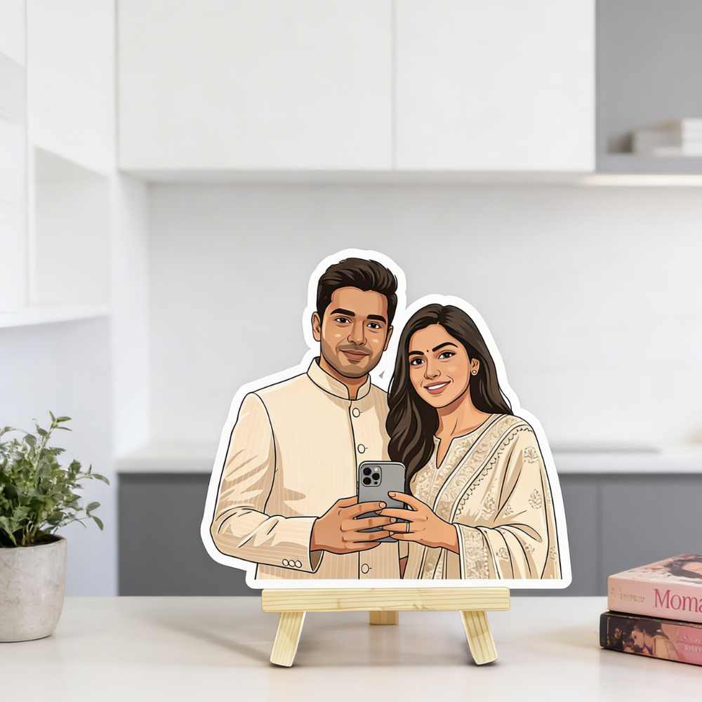 Moskai Modern Indian Family Custom Caricature – Personalized Couple Portrait Standee Gift