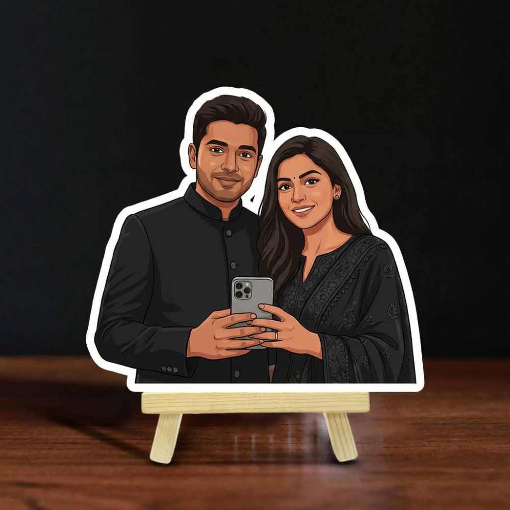 Moskai Personalized Indian Couple Caricature Standee – Black Theme