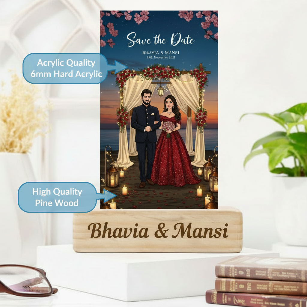 Moskai Personalised Wedding Caricature with Name & Date – Custom Couple Illustration Gift