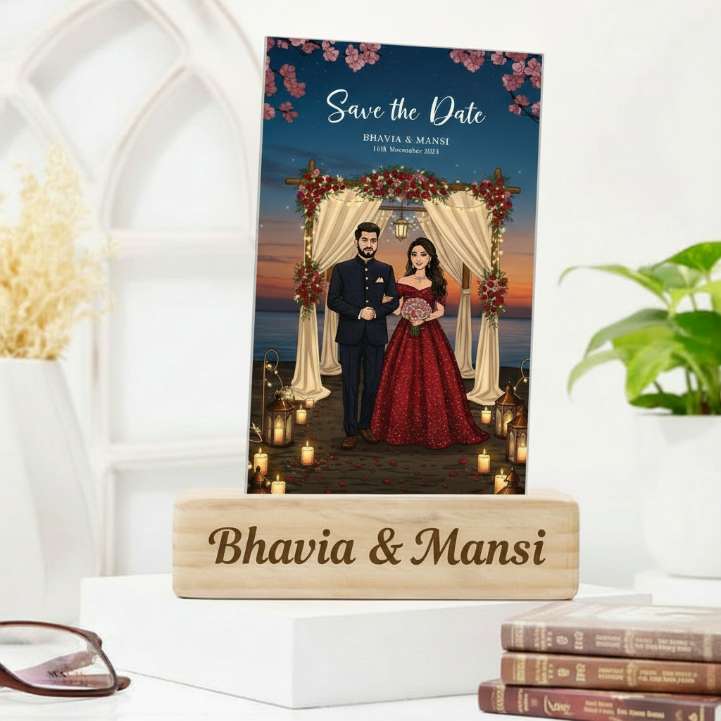 Moskai Personalised Wedding Caricature with Name & Date – Custom Couple Illustration Gift