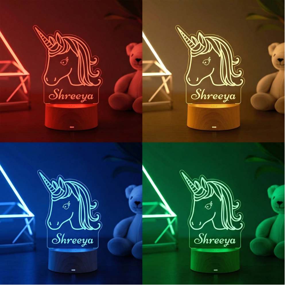 Moskai Personalised Unicorn Theme LED Lamp – Custom Name 3D Illusion Night Light with Multicolor LED Base