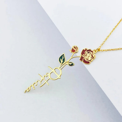 Personalised Vertical Name & Rose Pendant Necklace | Moskai Valentine's Gift